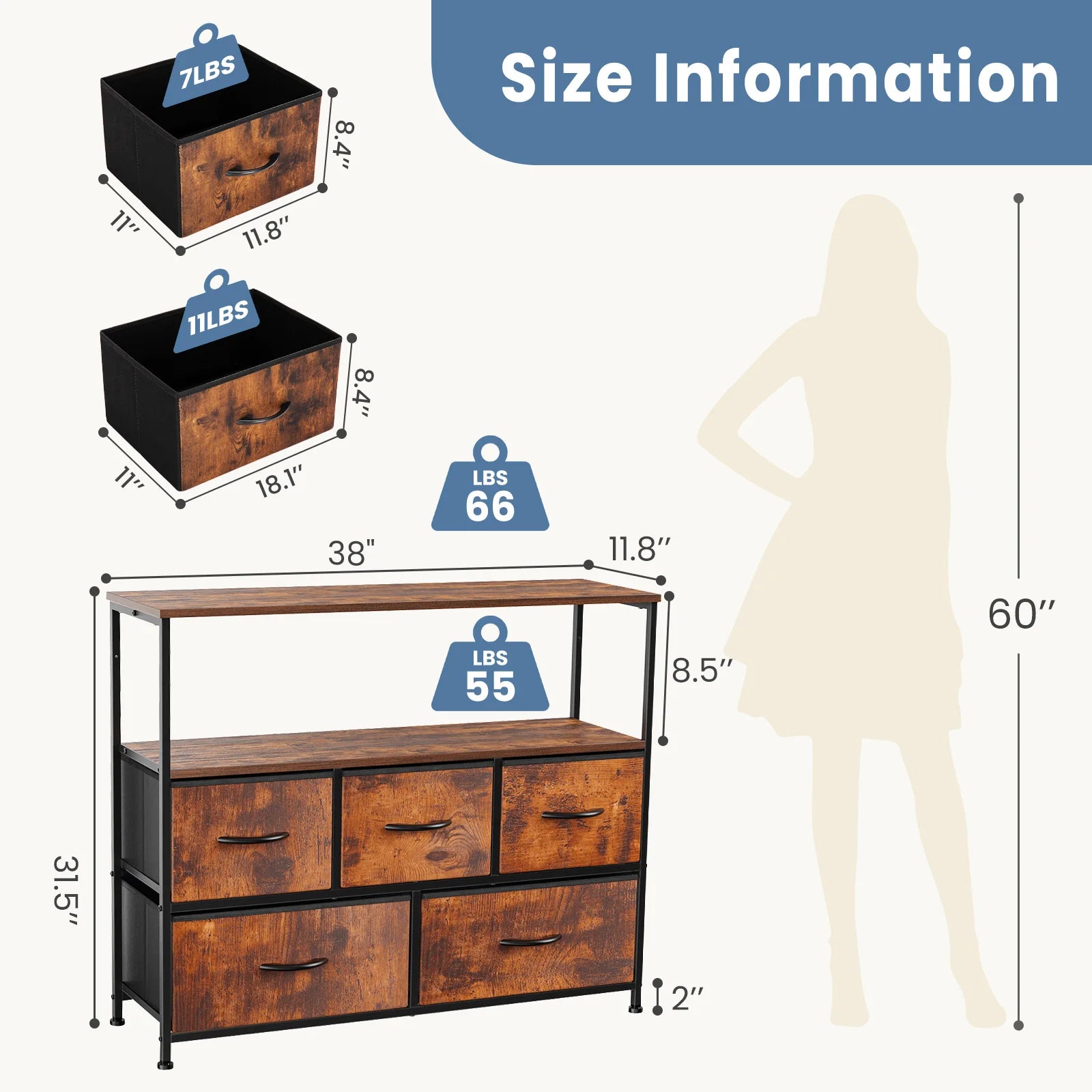 Fireplace TV Stand Dresser For Bedroom With 5 Fabric Drawers Storage Chest