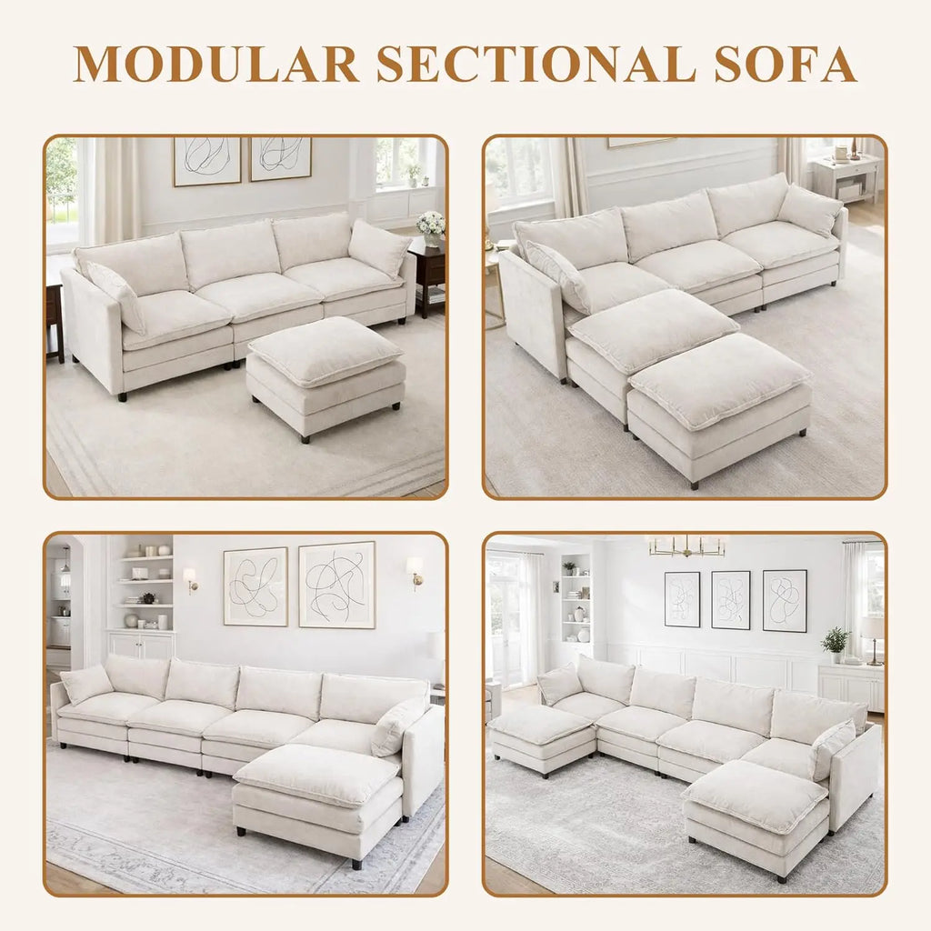 108" L Shaped Couch, Modular Sectional Sofa, Chenille Cloud Couch with Movable Ottoman, 3 Deep Seat Small Sectional,