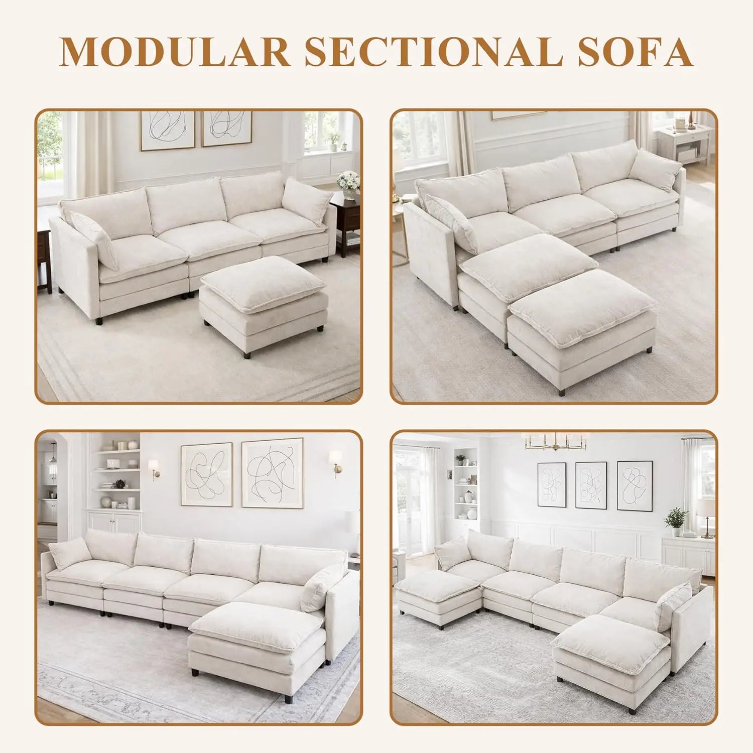 108" L Shaped Couch, Modular Sectional Sofa, Chenille Cloud Couch with Movable Ottoman, 3 Deep Seat Small Sectional,