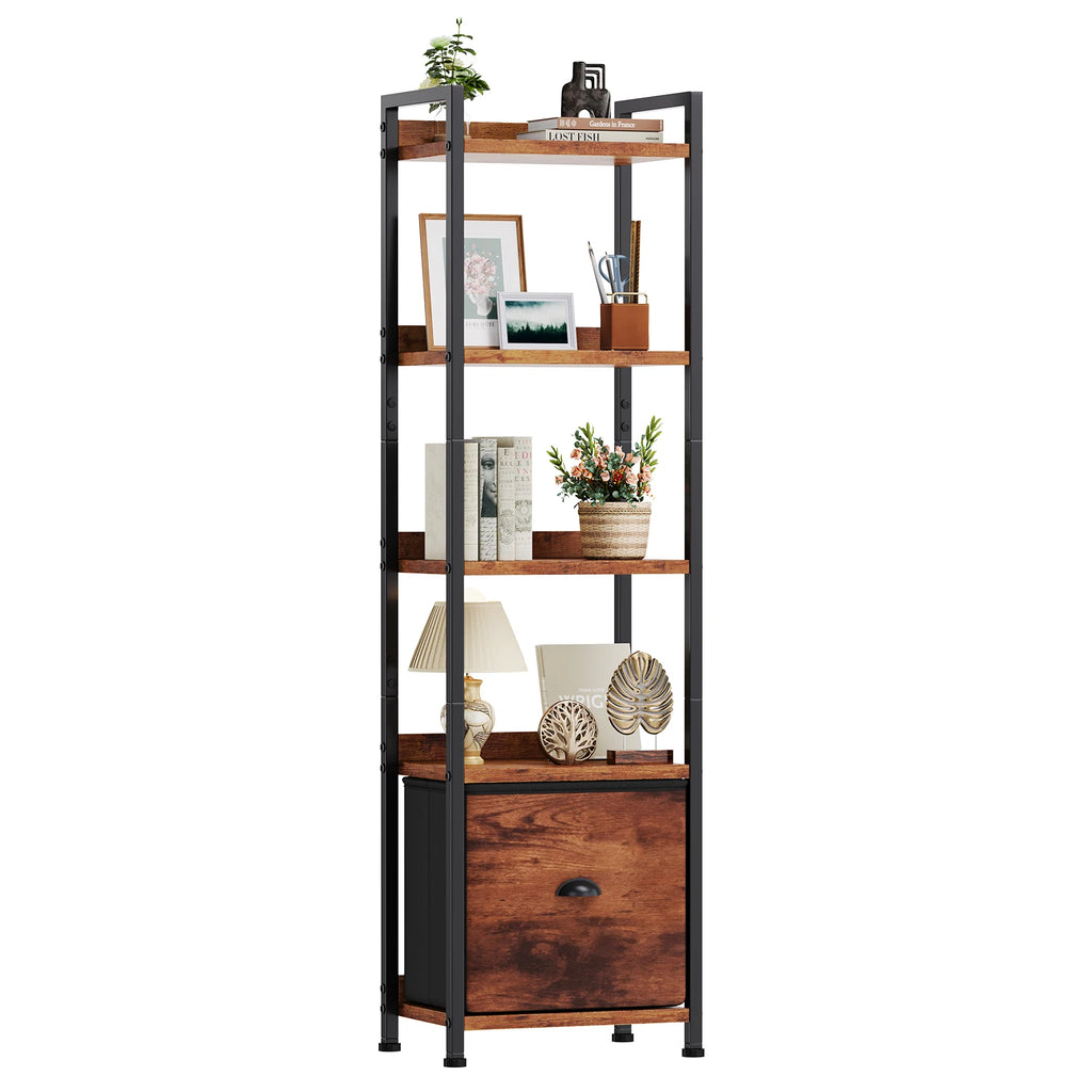 4-5 Tier Bookshelf with Fabric Drawer Standing Open Book Shelf Organizer Wood and Metal Storage Shelf Organizer in Living Room Bedroom