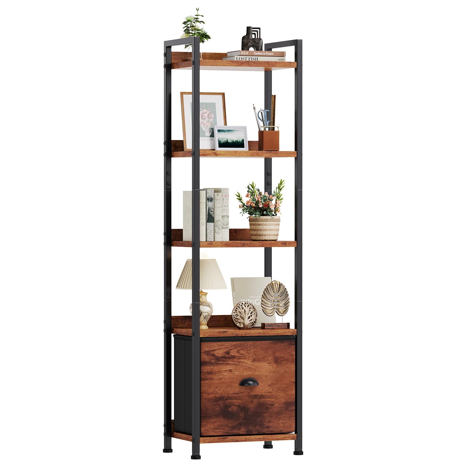 4-5 Tier Bookshelf with Fabric Drawer Standing Open Book Shelf Organizer Wood and Metal Storage Shelf Organizer in Living Room Bedroom