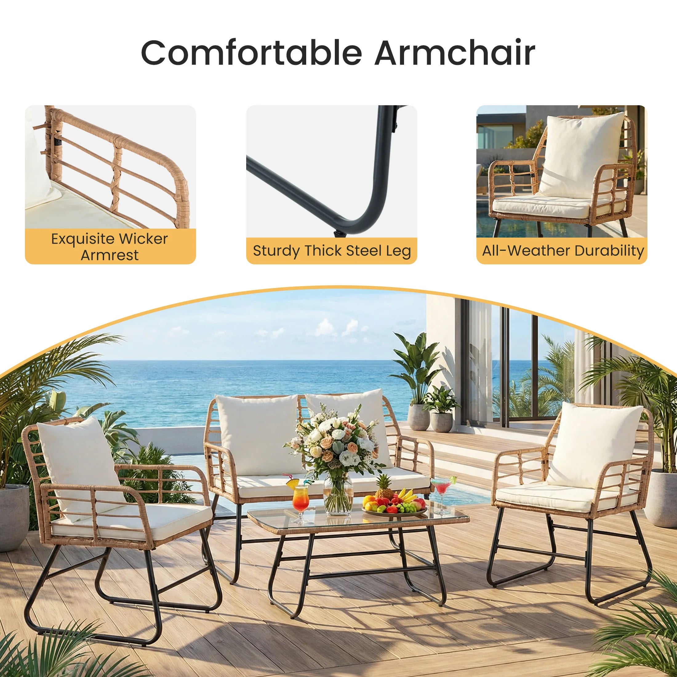 Outdoor Wicker Patio Furniture Set 4 Pieces with Soft Cushion and Glass.