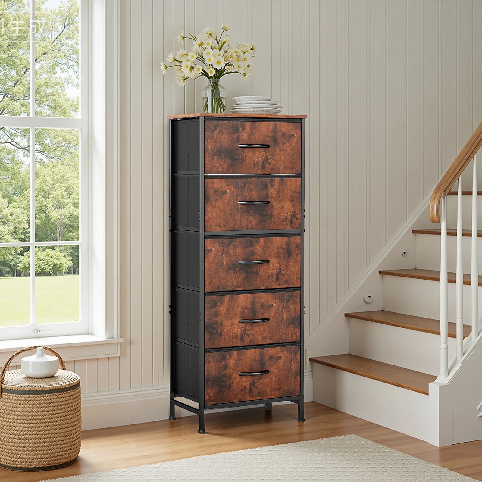 48IN Dresser For Bedroom With 5 Fabric Drawers Nightstand Wardrobe
