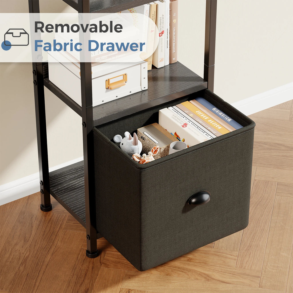 4-5 Tier Bookshelf with Fabric Drawer Standing Open Book Shelf Organizer Wood and Metal Storage Shelf Organizer in Living Room Bedroom