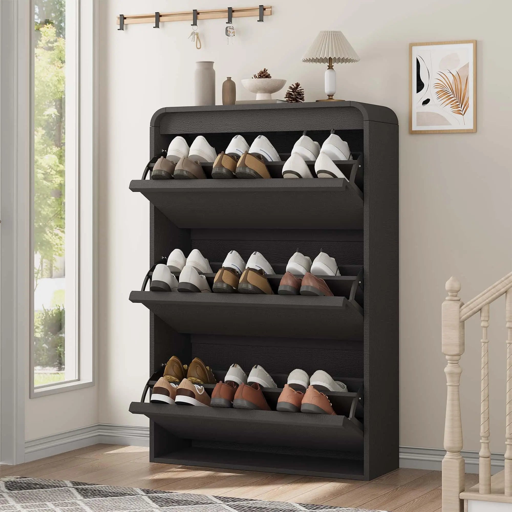 Shoe Cabinet with 3 Flip Drawers, Wooden Shoe Cabinet with Adjustable Shelf
