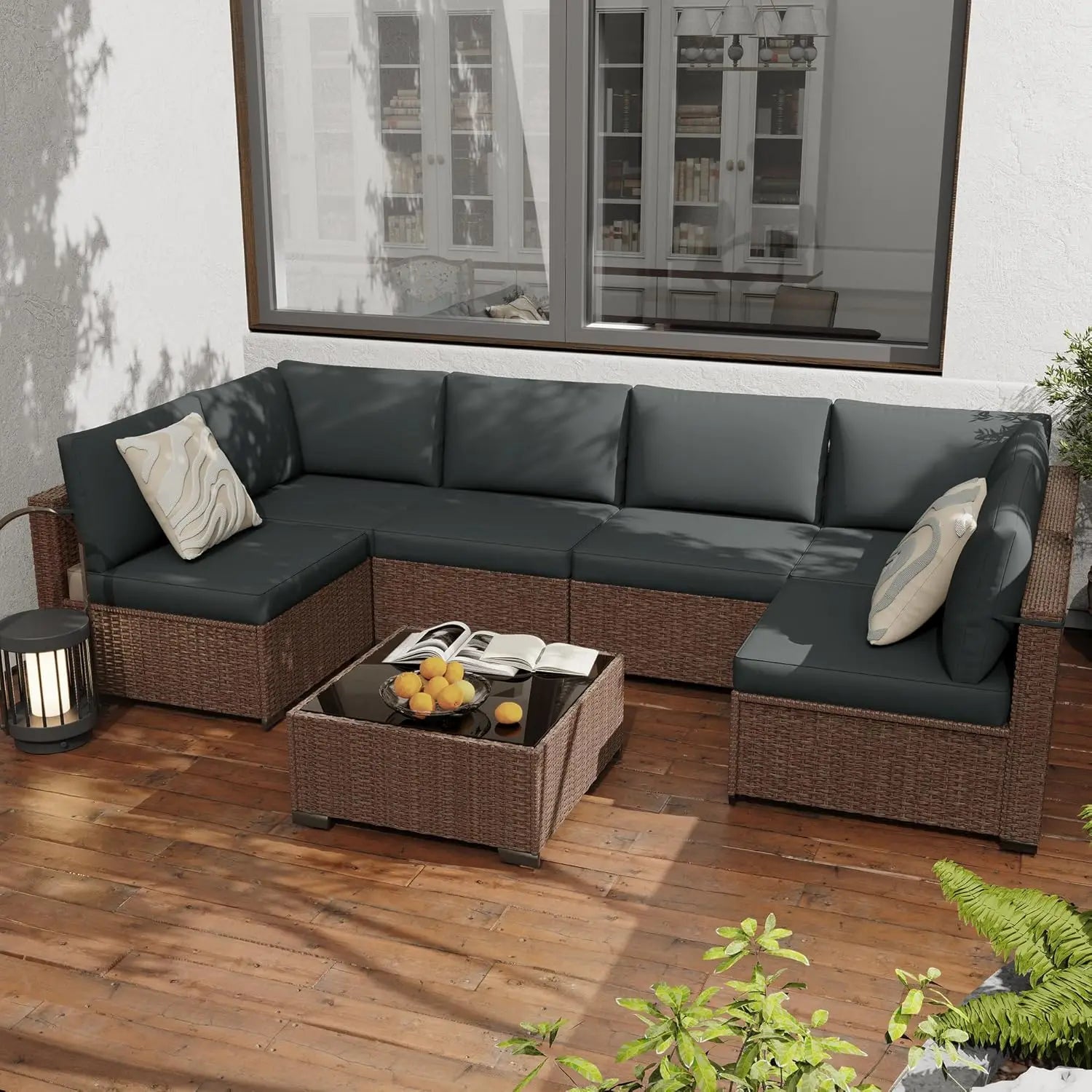 7-Piece All-Weather Rattan Patio Furniture Set Outdoor Modular Wicker Sectional Sofa