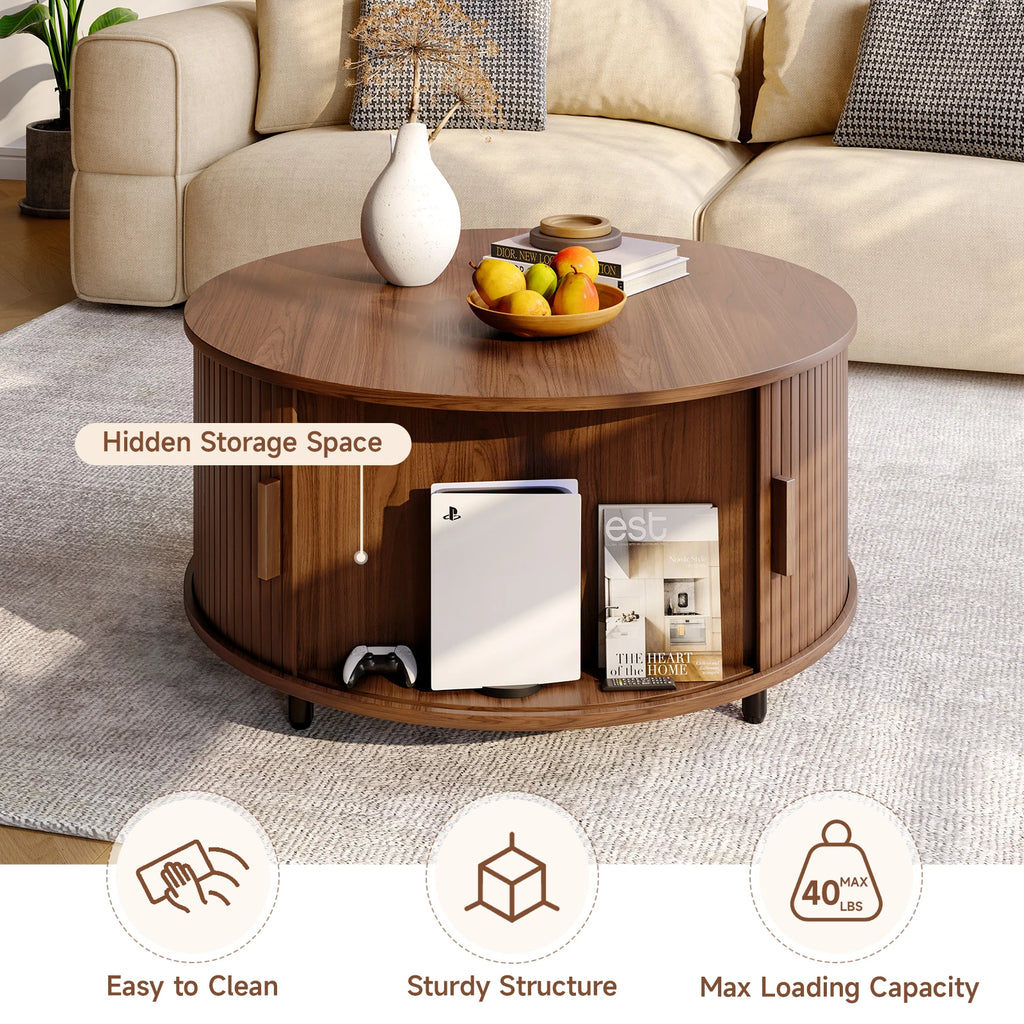 Round Coffee Table with Storage,31.5" Coffee Table with 360° Curved Sliding Door,