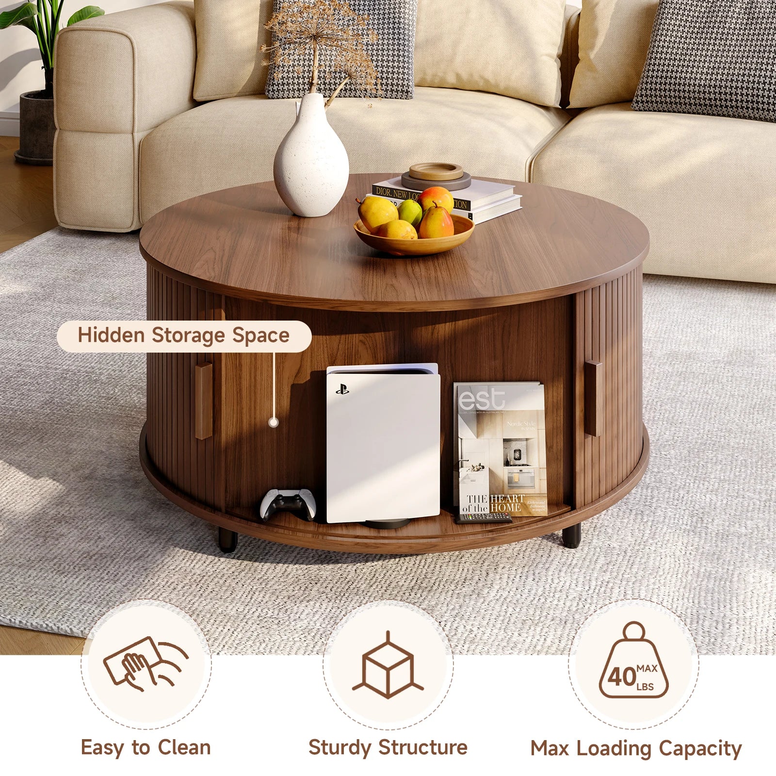 Round Coffee Table with Storage,31.5" Coffee Table with 360° Curved Sliding Door,