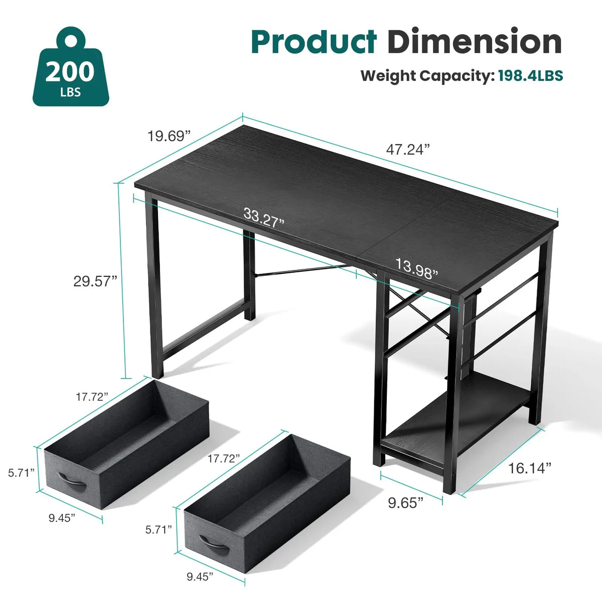 47IN Computer Desk with 2 Drawers For Study Office  Wood Table with Adjustable Position Drawers