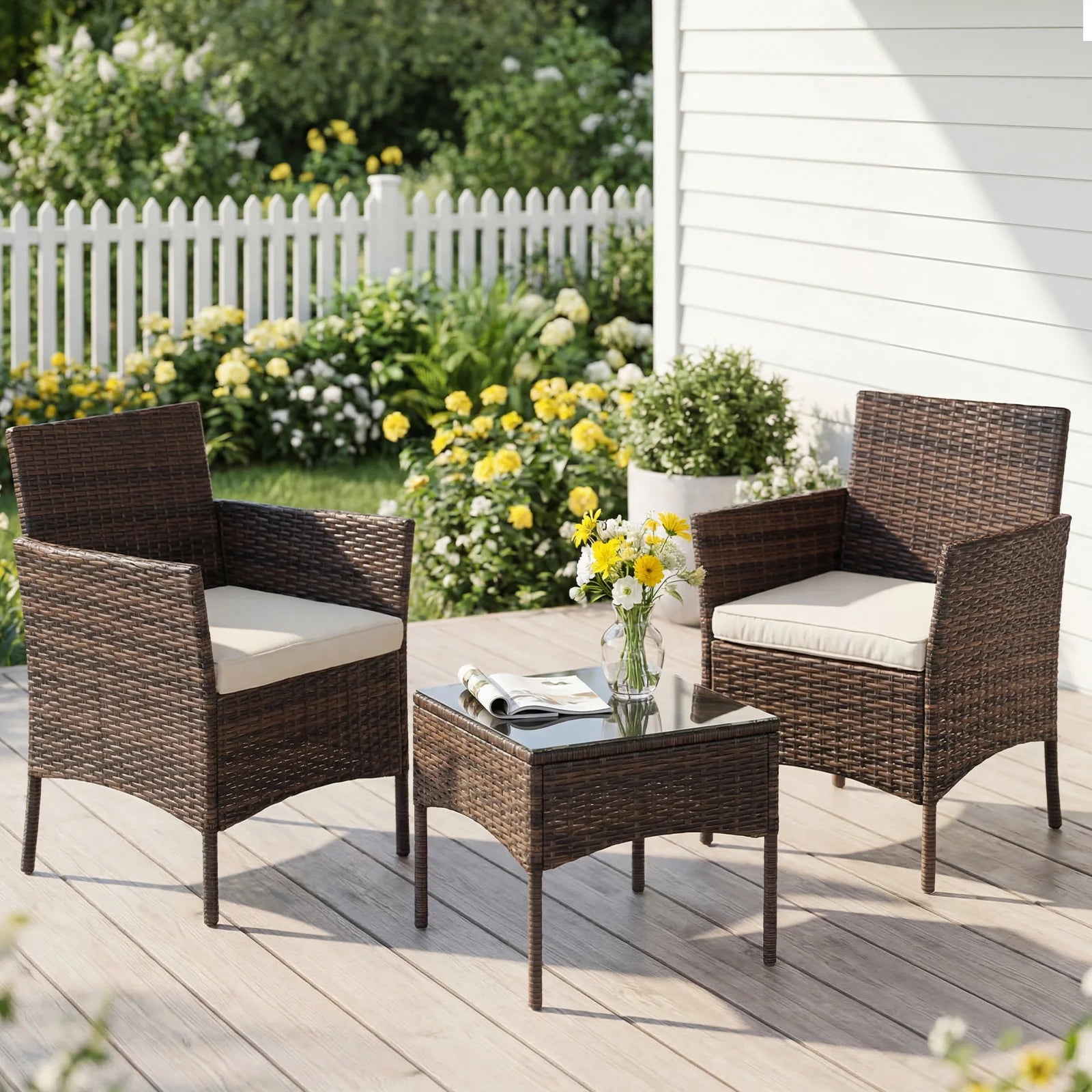 3 Pieces Outdoor Patio Furniture Wicker Rattan Patio Chairs with Soft Cushion and Glass Table
