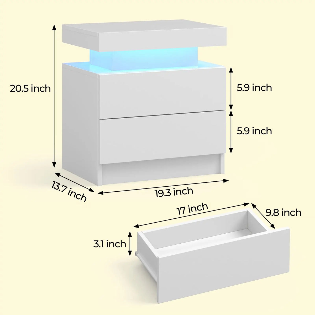Cube LED Nightstands with 2 Drawers, End Table with RGB LED Lights for Bedroom Living Room, White Bedside Table