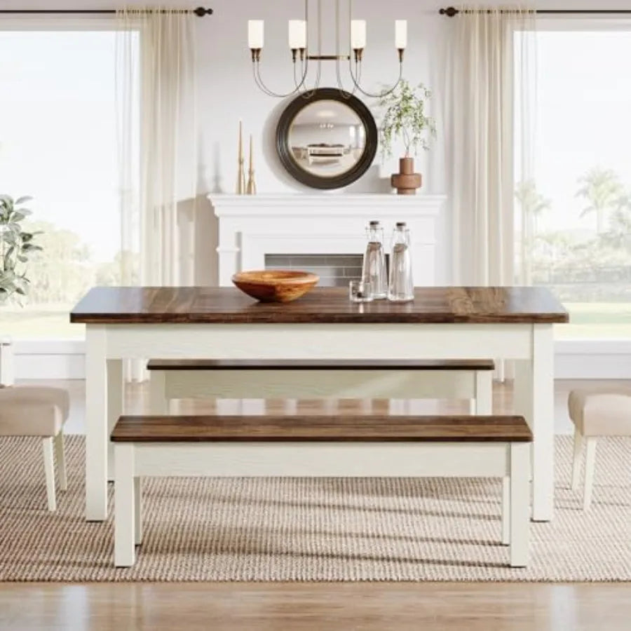 Farmhouse Kitchen Table Set for 4-6, 55-Inch Wooden Dining Table with 2 Benches, Space Saving 3 Pieces Heavy Duty Dinette