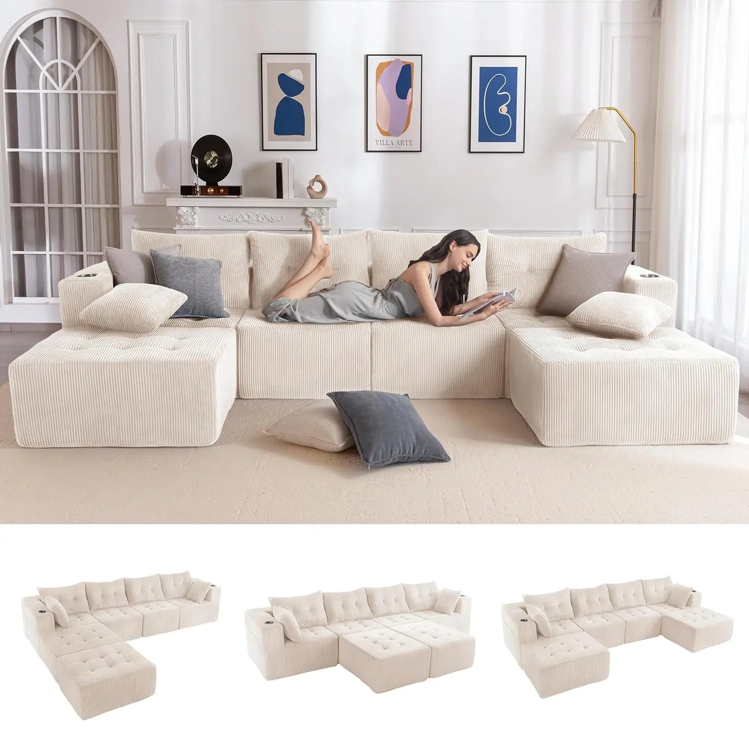129.5" U Shaped Modular Sectional Sofa with 2 Ottomans Tufted Cloud 6 Seat Sleeper
