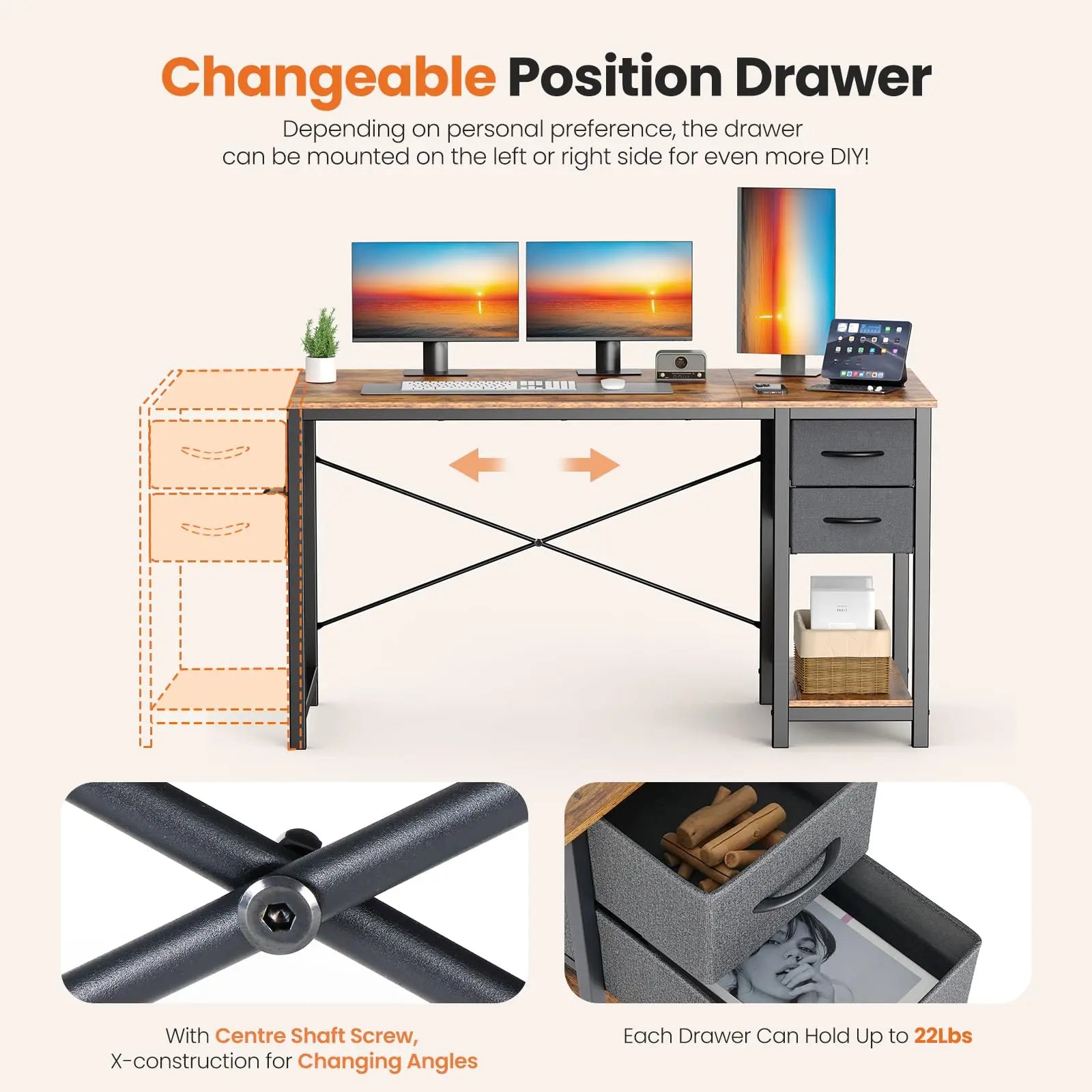47IN Computer Desk with 2 Drawers For Study Office  Wood Table with Adjustable Position Drawers