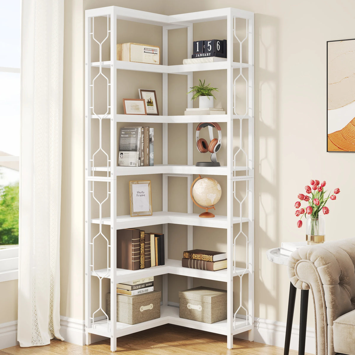 Corner Shelf, 7-Tier Industrial Corner Bookshelf, Wood and Metal Corner Etagere Bookcase, Freestanding Display Shelf