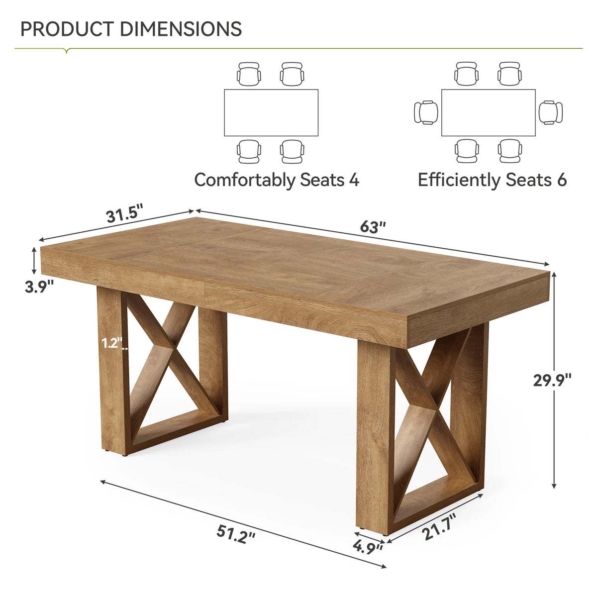 63-Inch Dining Table for 4-6 People,, Rectangle Kitchen Table for Dining Room, Living Room, Brown