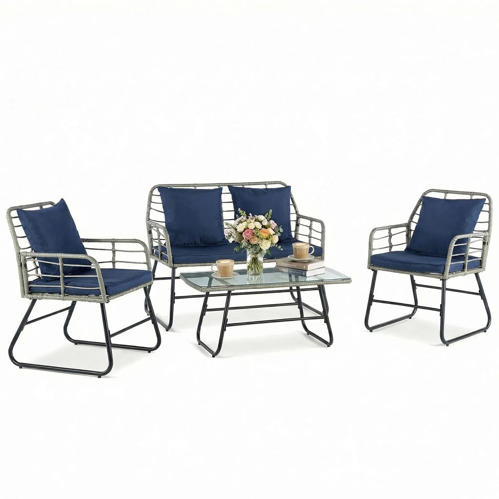 Outdoor Wicker Patio Furniture Set 4 Pieces with Soft Cushion and Glass.