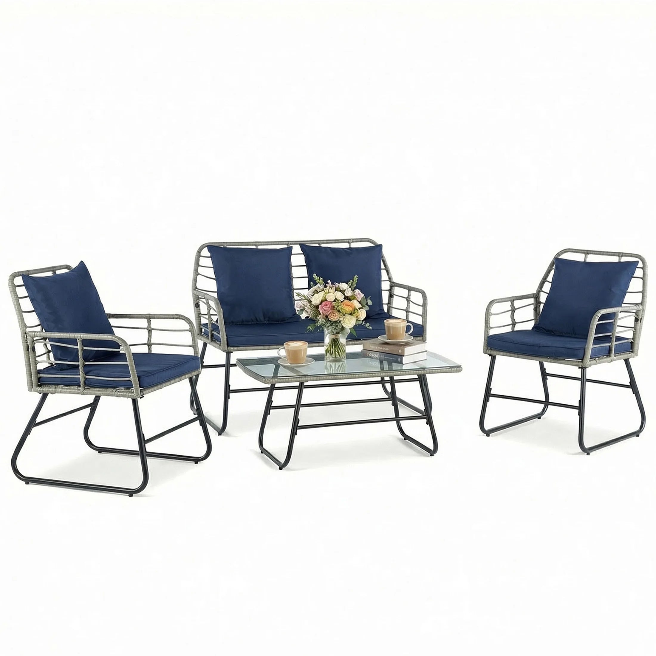 Outdoor Wicker Patio Furniture Set 4 Pieces with Soft Cushion and Glass.