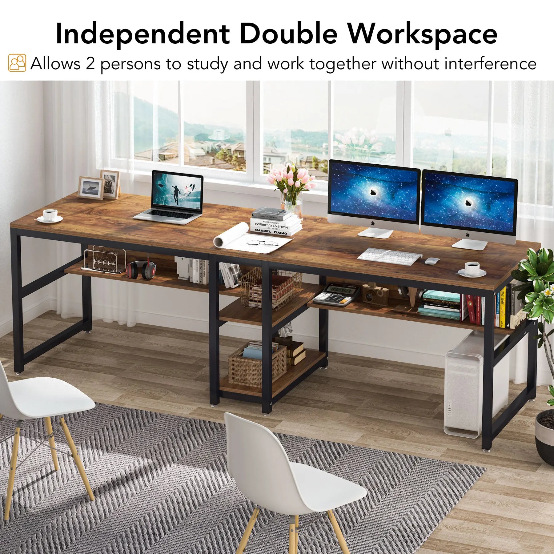 Two Person Desk with Bookshelf, 78.7 Computer Office Double Desk for Two Person, Rustic Writing Desk Workstation