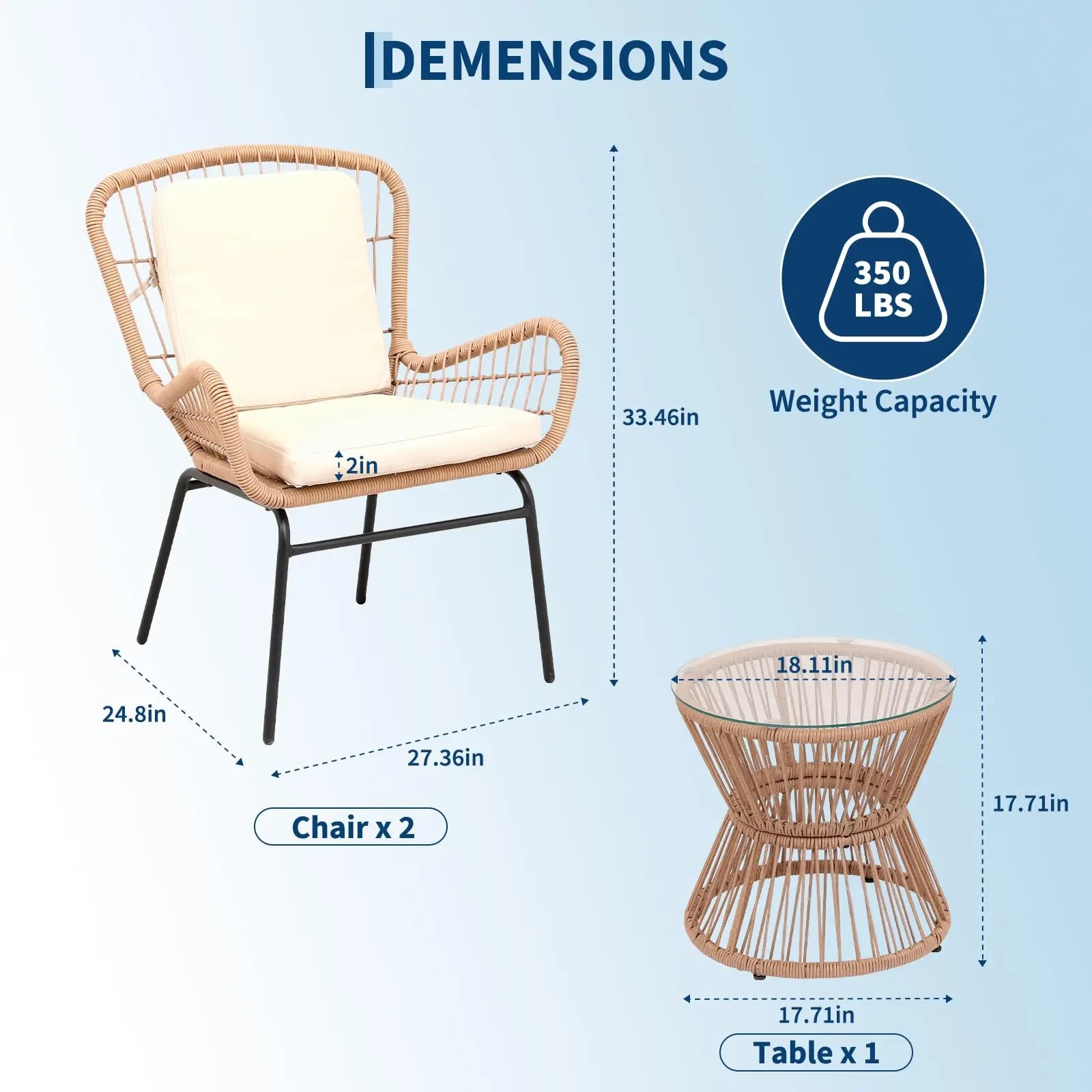3PCS Patio Furniture Set, Outdoor PE Rattan Bistro Set With 2 Wide Cushioned Chairs & Glass Table
