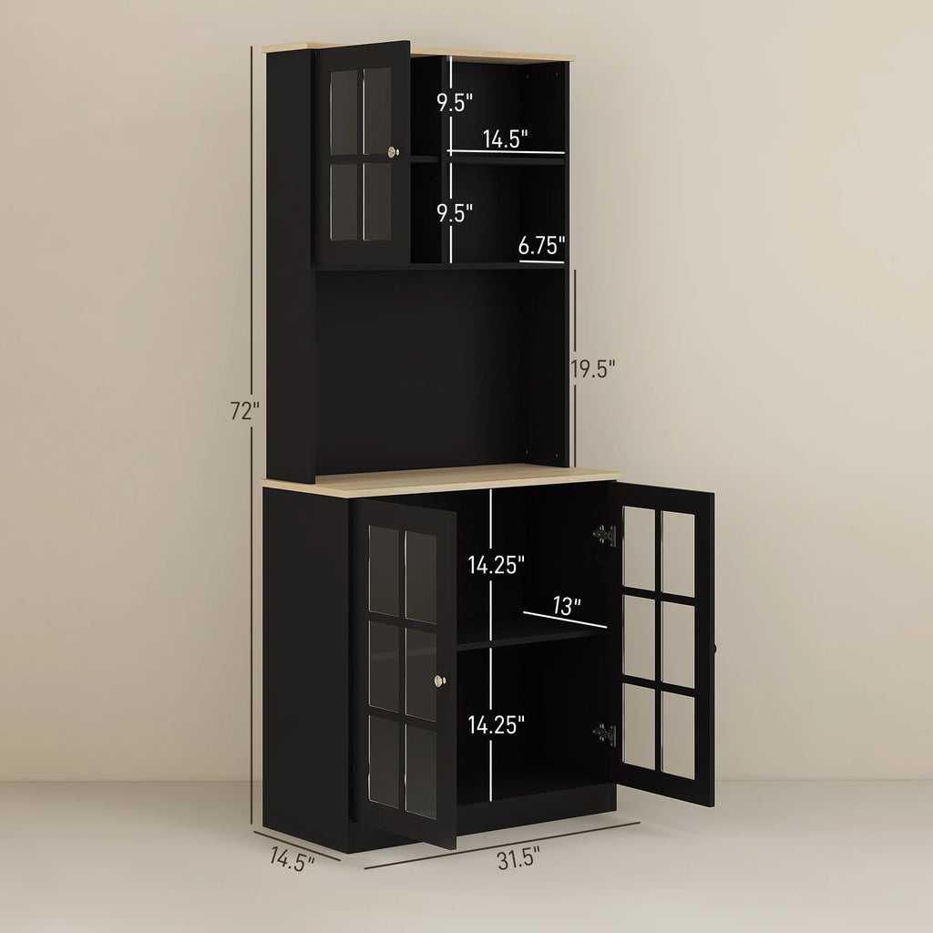 Kitchen Pantry Storage Cabinet, 72" Freestanding Cabinet with Hutch, Large Countertop, Glass Doors and Adjustable Shelves for Dining Room, Black
