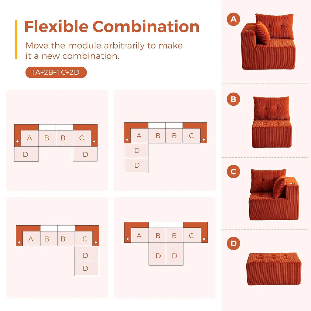 129.5" U Shaped Modular Sectional Sofa with 2 Ottomans Tufted Cloud 6 Seat Sleeper