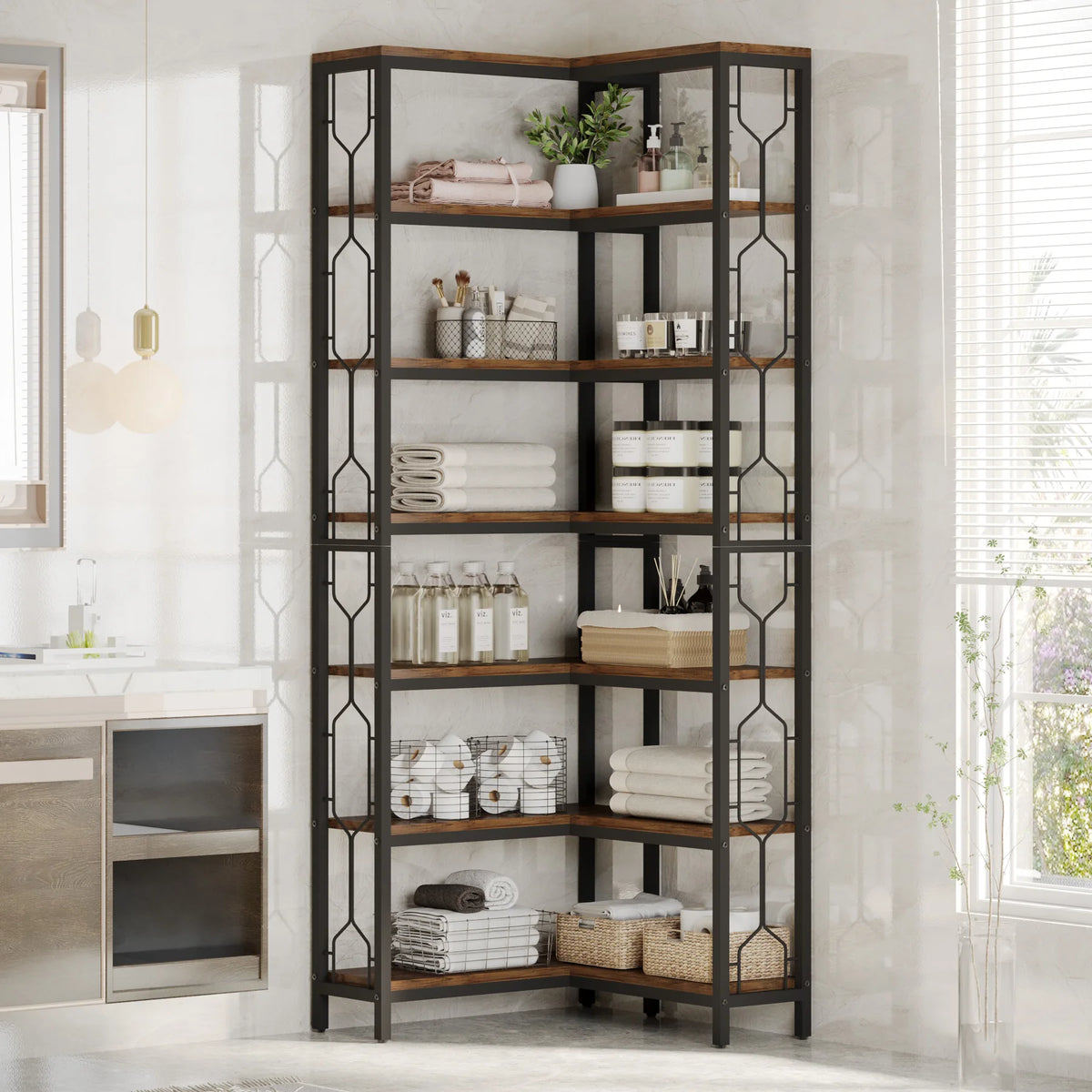 Corner Shelf, 7-Tier Industrial Corner Bookshelf, Wood and Metal Corner Etagere Bookcase, Freestanding Display Shelf