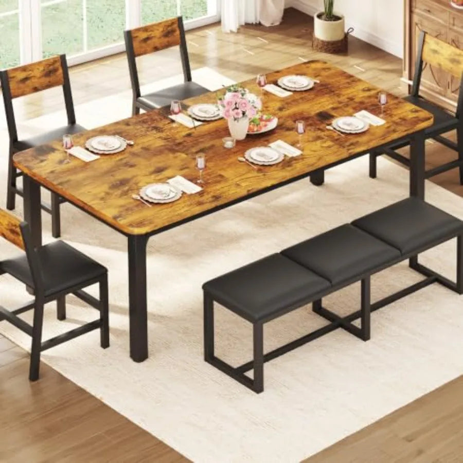 6-Piece Dining Table Set for 6-8, 63'' Long Kitchen Table Cushion Chairs Set with PU Bench and 4 Chairs, Rectangle Dining Table