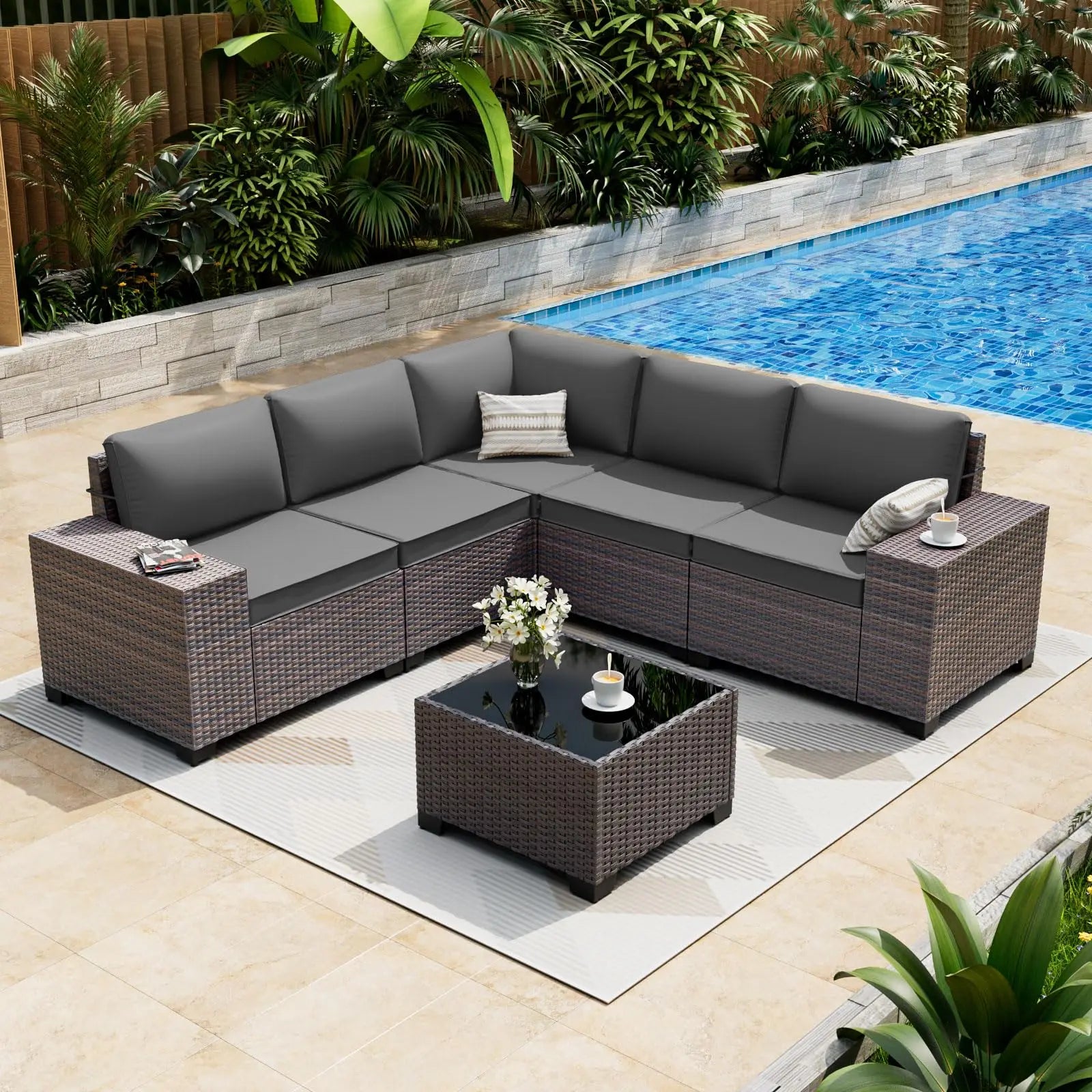 6 Pieces Patio Furniture Set, Oversized Seat/Armrest and High Back Wicker Sectional