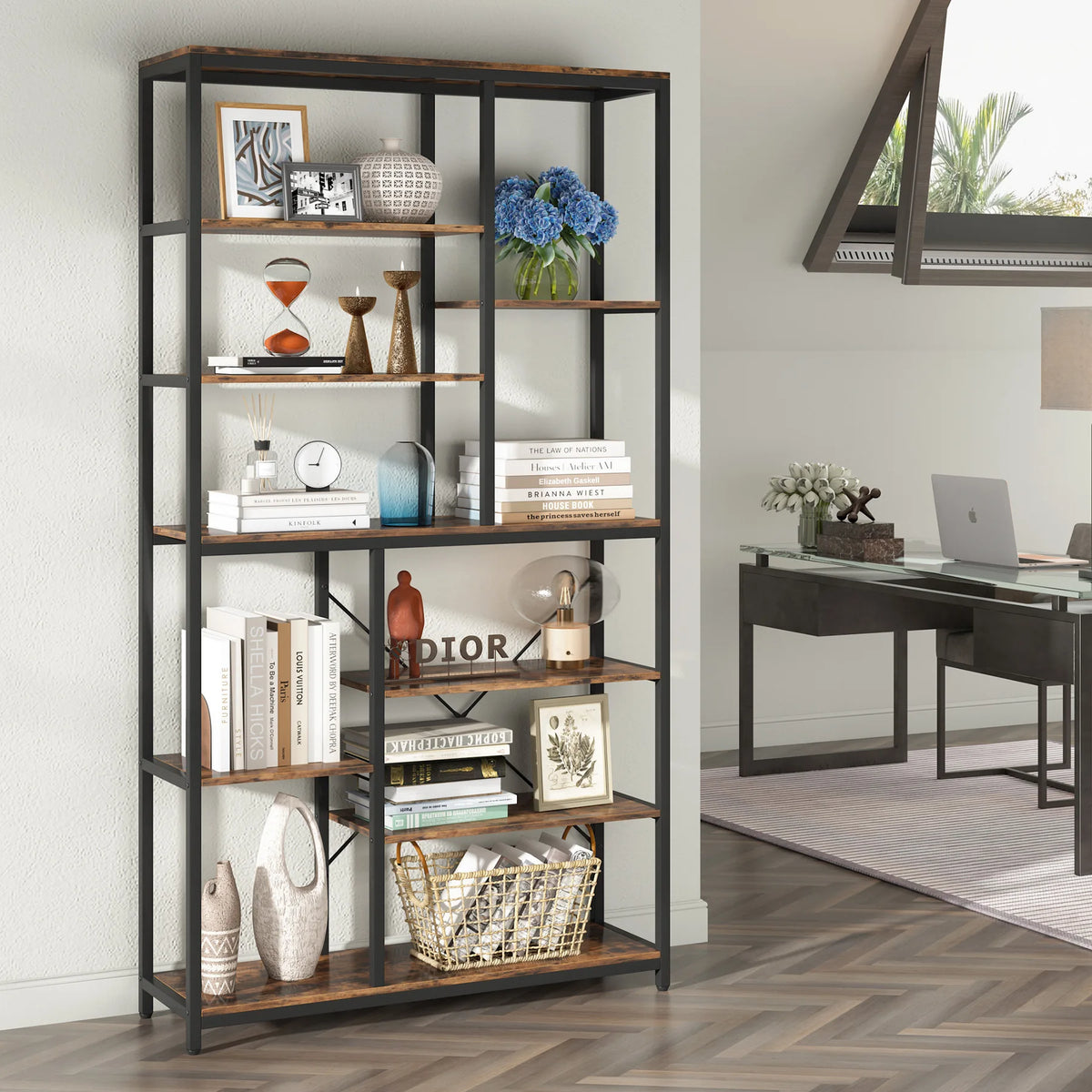 79 Inches Bookcase with Open Shelves, 9-Tier Industrial Bookshelf, 10 Cube Storage Shelves Display Shelf