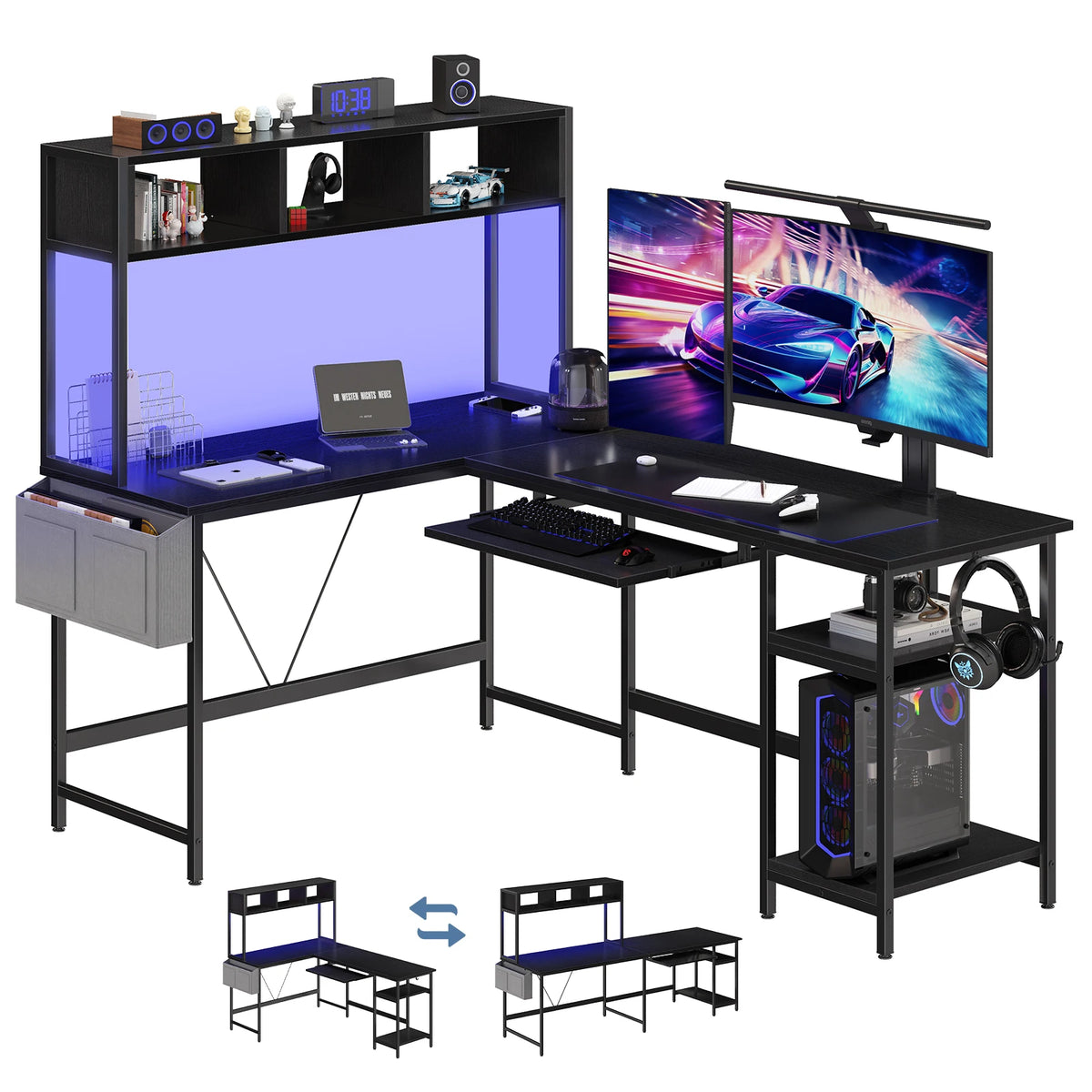 L Shaped Standing Office Computer Desk with LED Lighting Ergonomic Reversible Computer Desks Gaming Table for Home Office Use Workstation