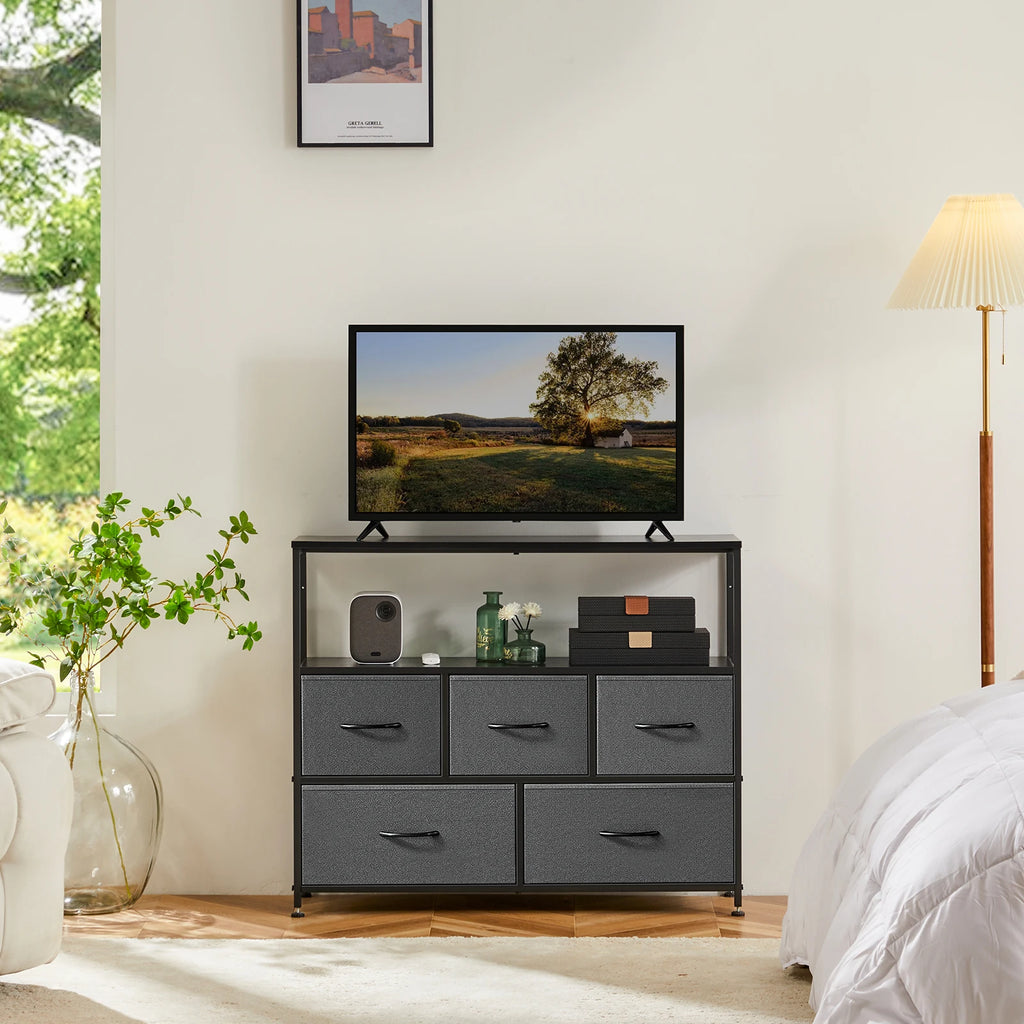 Fireplace TV Stand Dresser For Bedroom With 5 Fabric Drawers Storage Chest