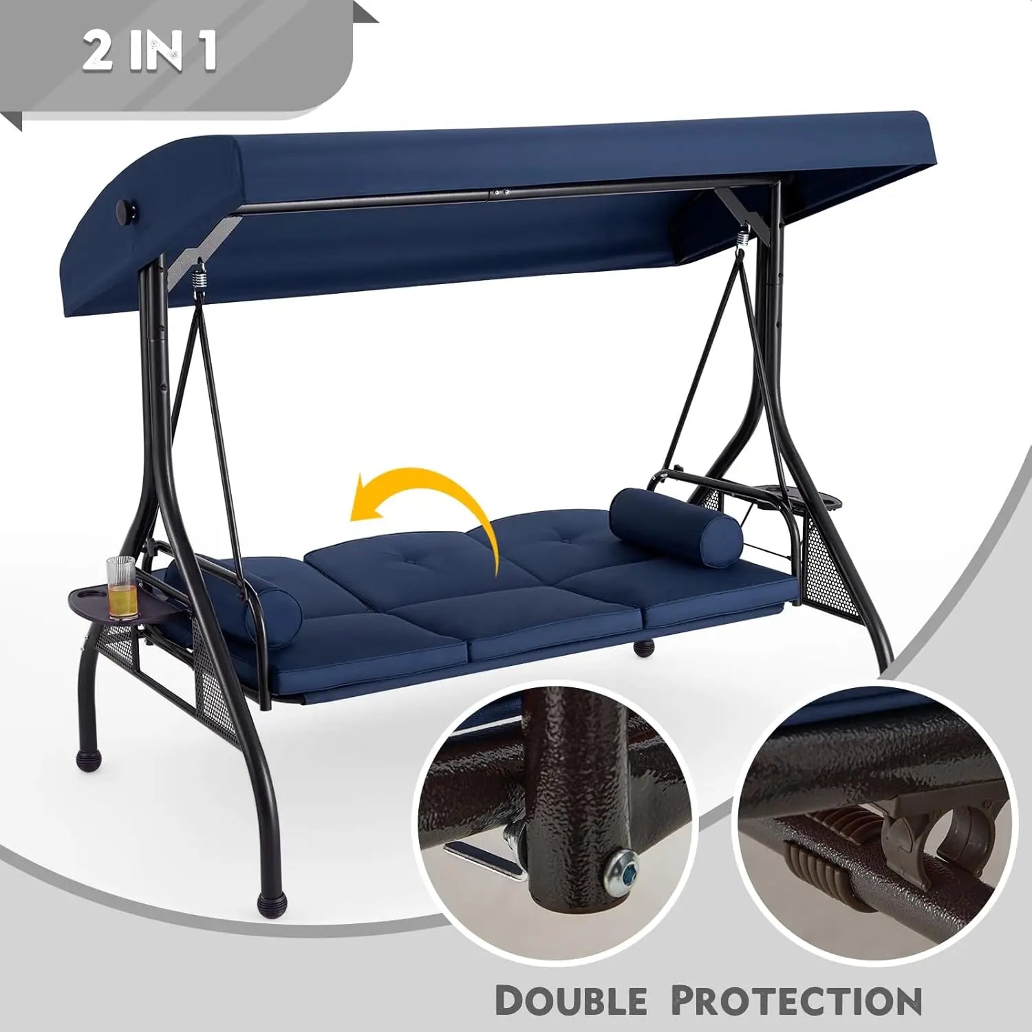 3 Seat Outdoor Porch Swing Bed Adjustable Canopy Convertible Patio Glider Cup Holder Cushions Pillow Backyard Customized