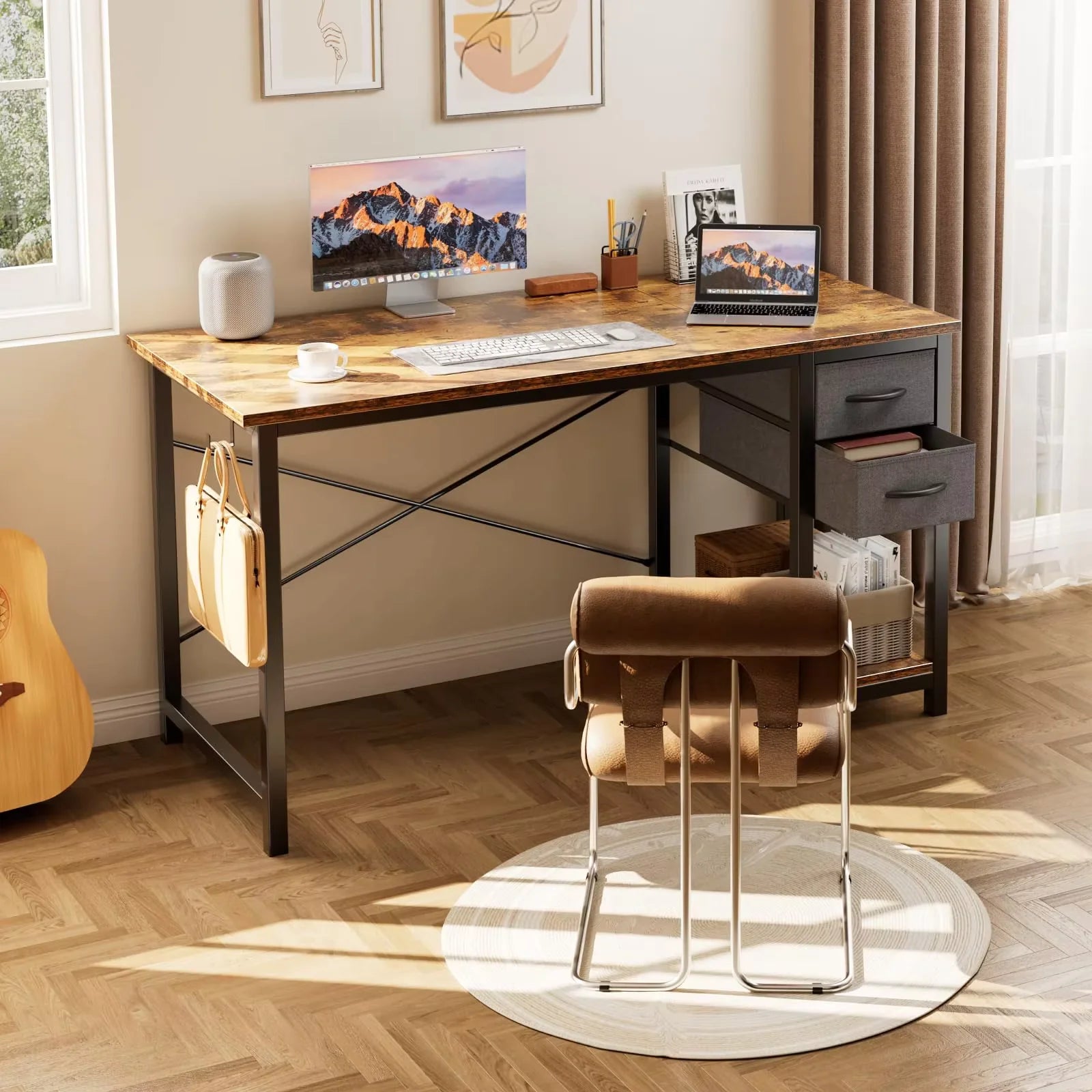 47IN Computer Desk with 2 Drawers For Study Office  Wood Table with Adjustable Position Drawers