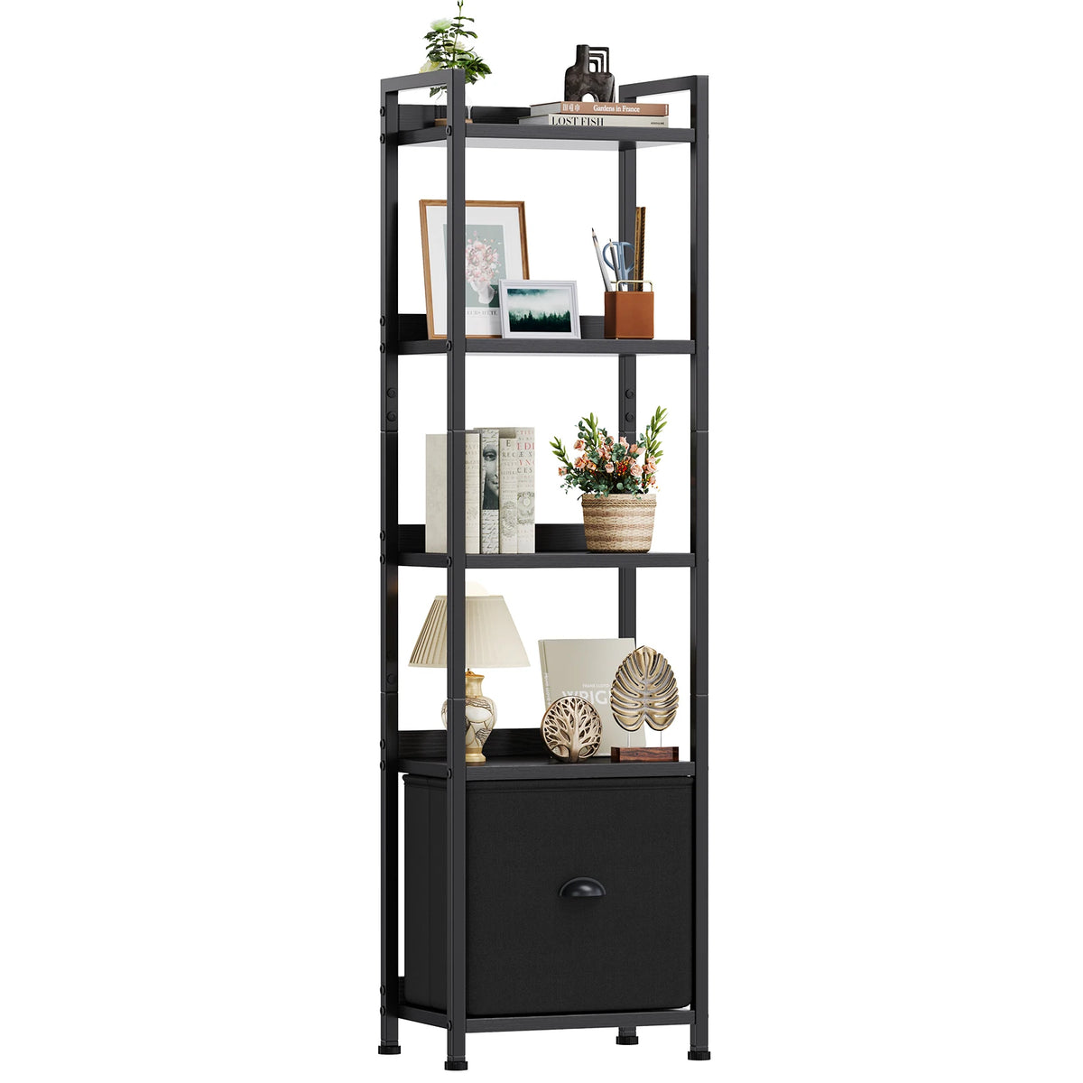 4-5 Tier Bookshelf with Fabric Drawer Standing Open Book Shelf Organizer Wood and Metal Storage Shelf Organizer in Living Room Bedroom