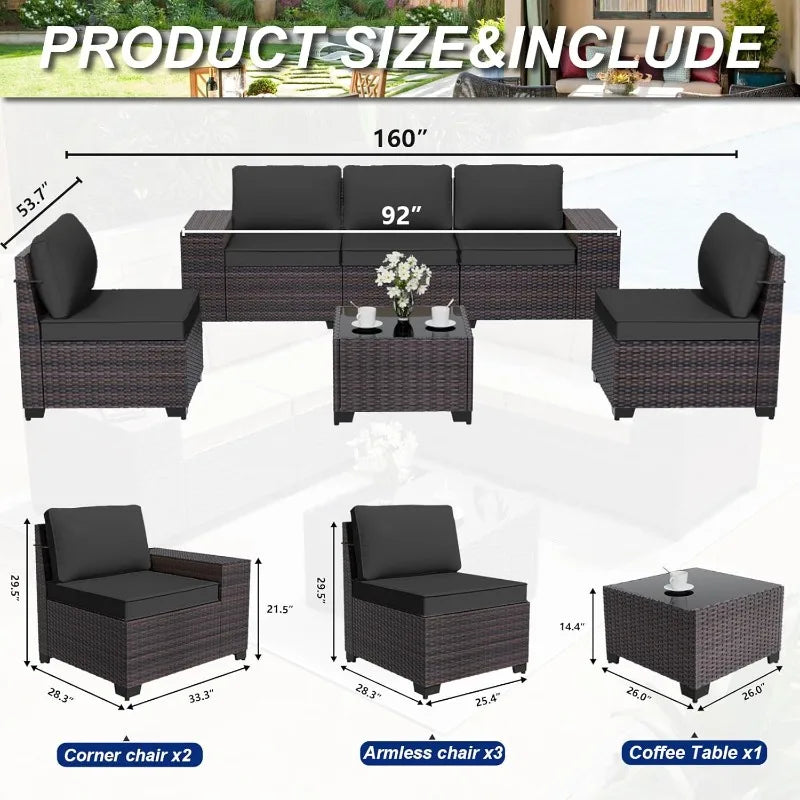 6 Pieces Patio Furniture Set, Oversized Seat/Armrest and High Back Wicker Sectional