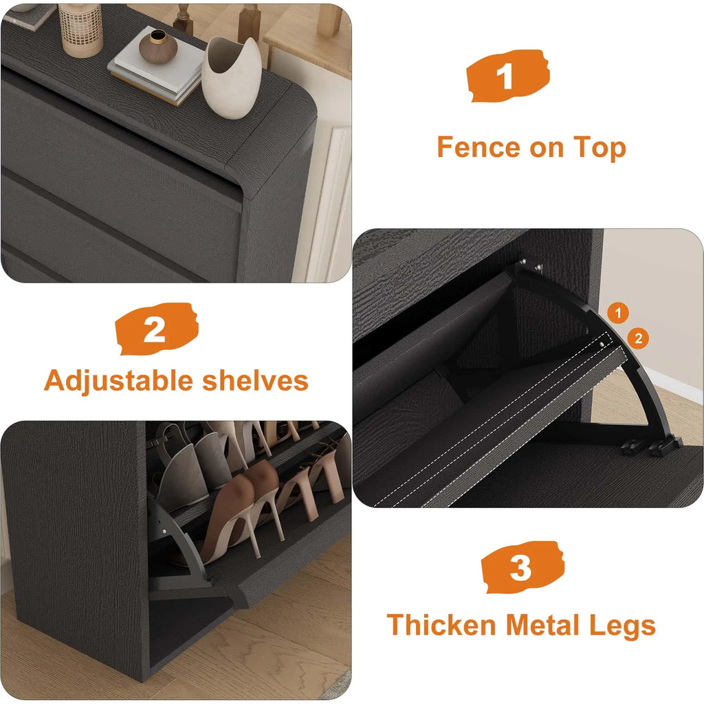 Shoe Cabinet with 3 Flip Drawers, Wooden Shoe Cabinet with Adjustable Shelf