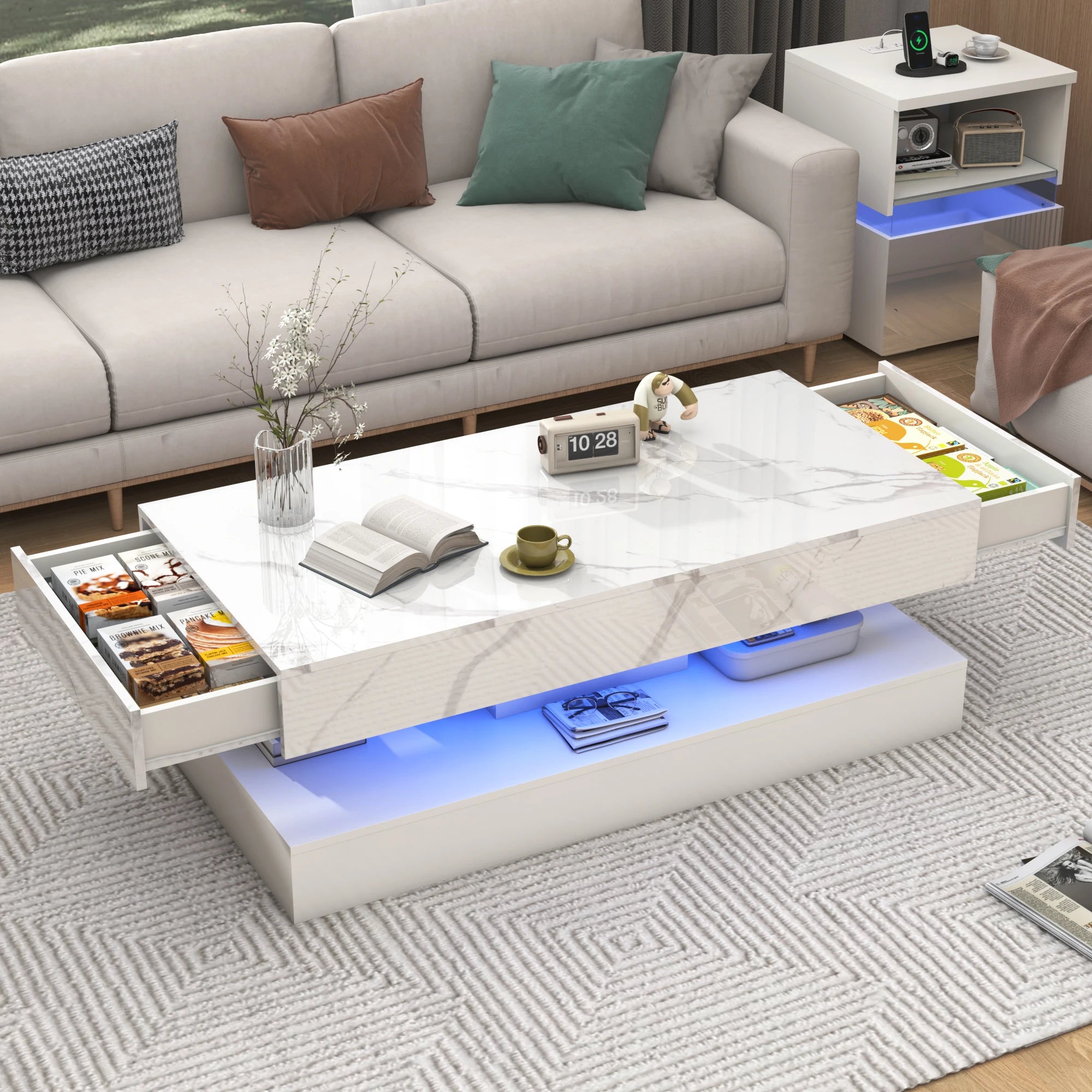 Modern Stylish Coffee Table with LED lights, Double-Layer Design