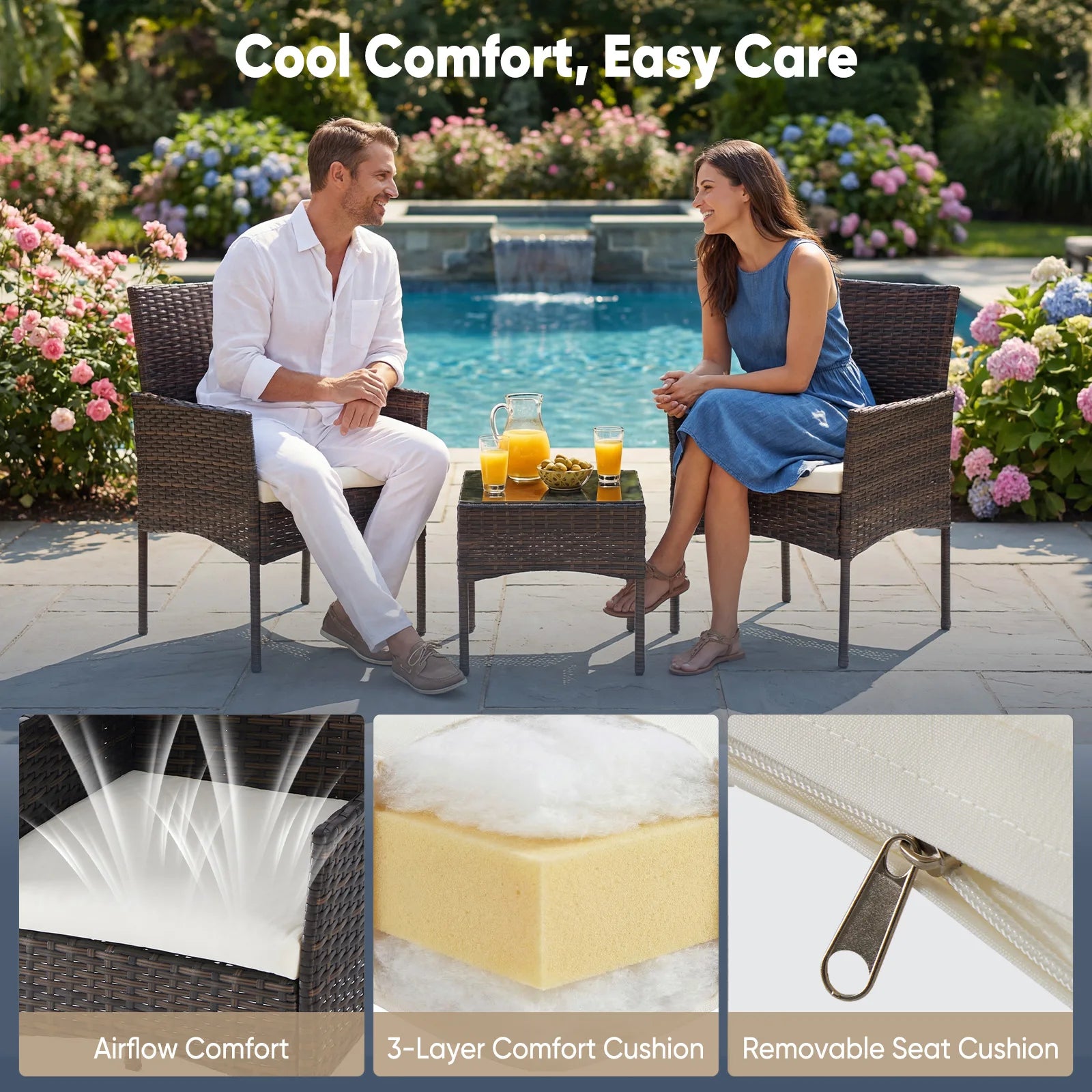 Large Size 3 Pieces Outdoor Patio Furniture Set All-Weather Wicker Bistro Set with Removable Cushions and Glass Table Garden