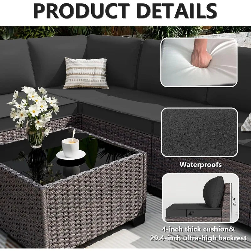 6 Pieces Patio Furniture Set, Oversized Seat/Armrest and High Back Wicker Sectional