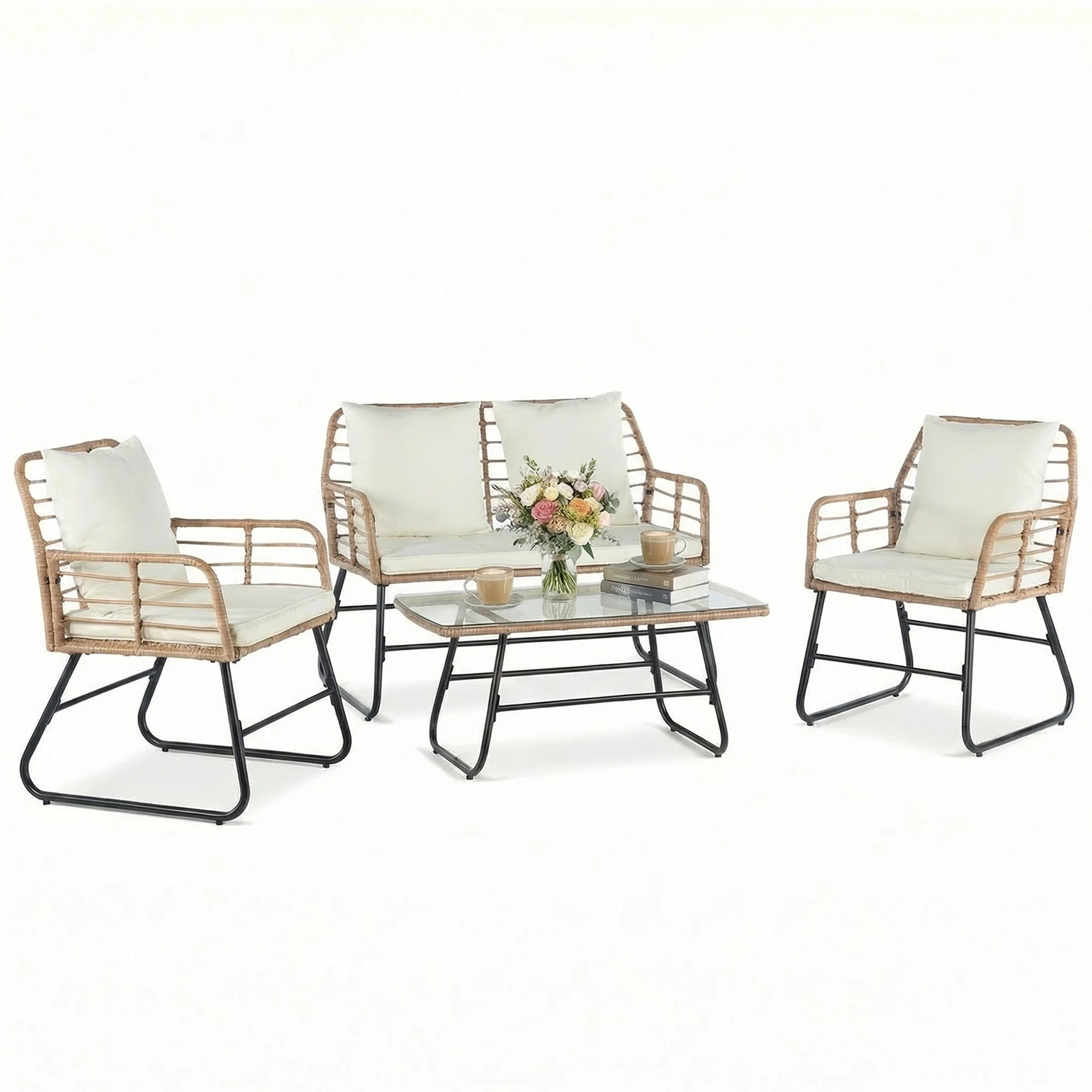 Outdoor Wicker Patio Furniture Set 4 Pieces with Soft Cushion and Glass.