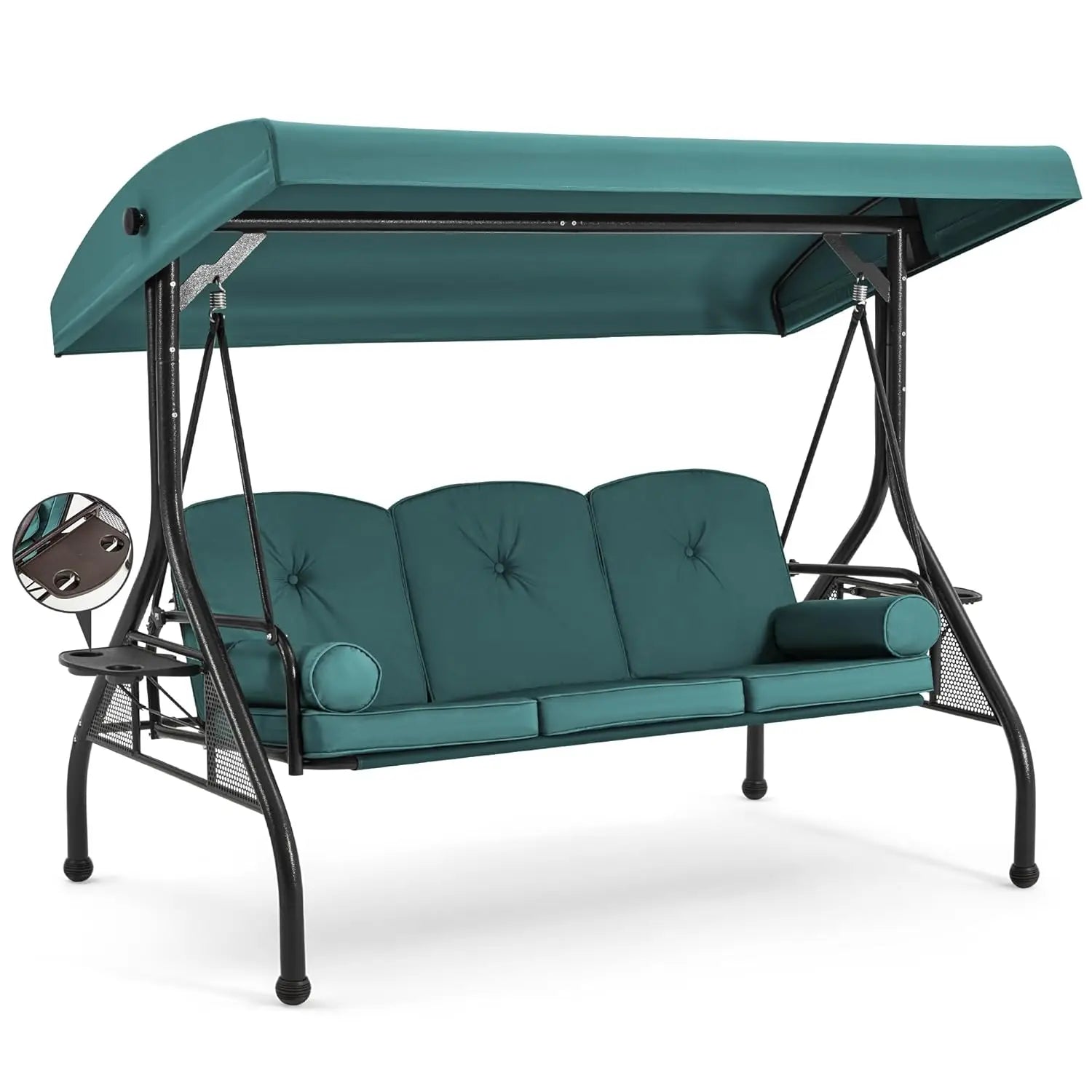 3 Seat Outdoor Porch Swing Bed Adjustable Canopy Convertible Patio Glider Cup Holder Cushions Pillow Backyard Customized