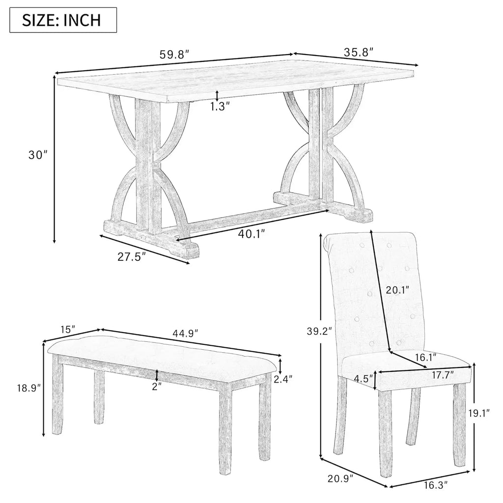 Solid Wood Kitchen Dining Room Table Set with Bench and Chairs for 6 Persons,