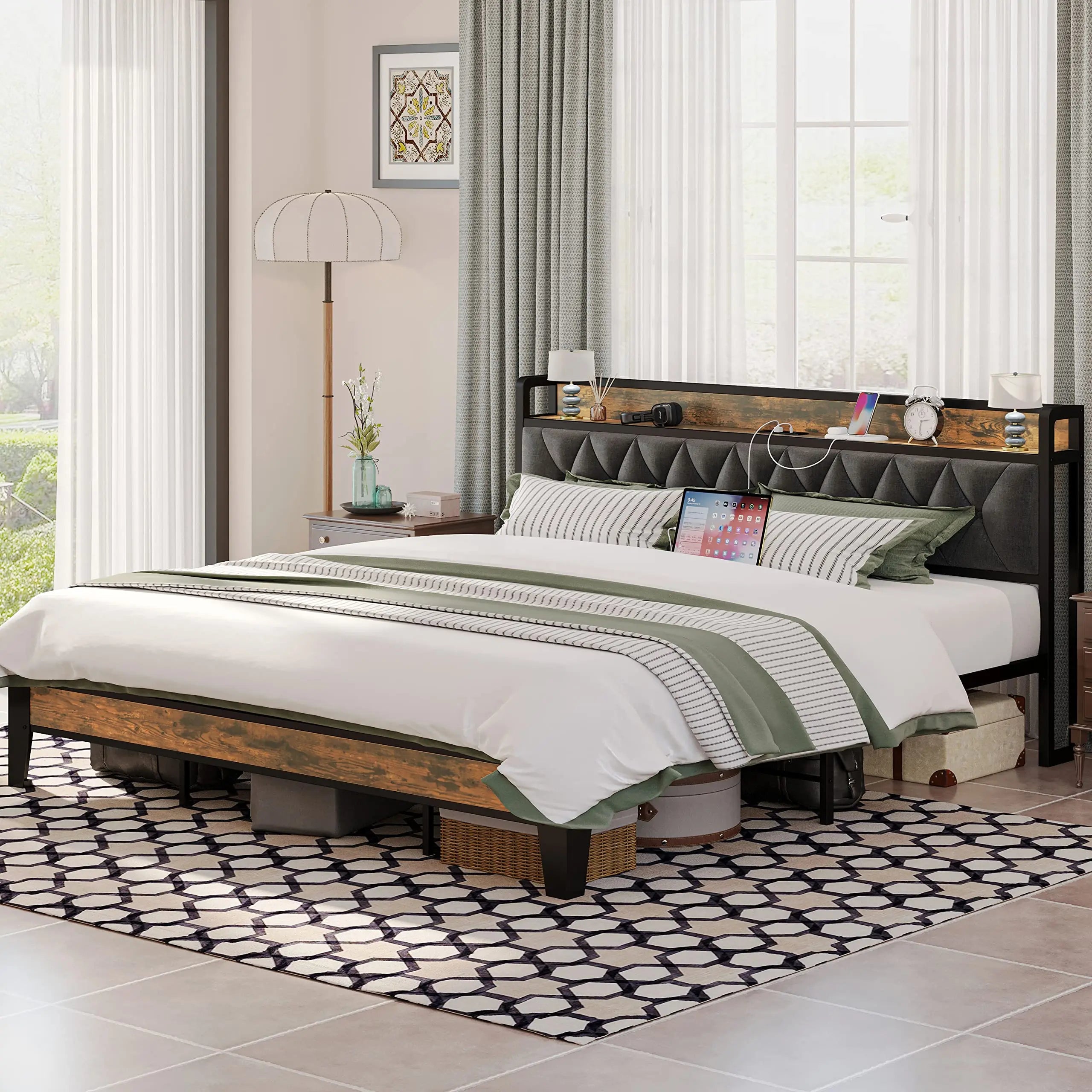Twin/TwinXL/Full/Queen/King/CaliforniaKing Bed Frames, Storage Headboard with Outlets