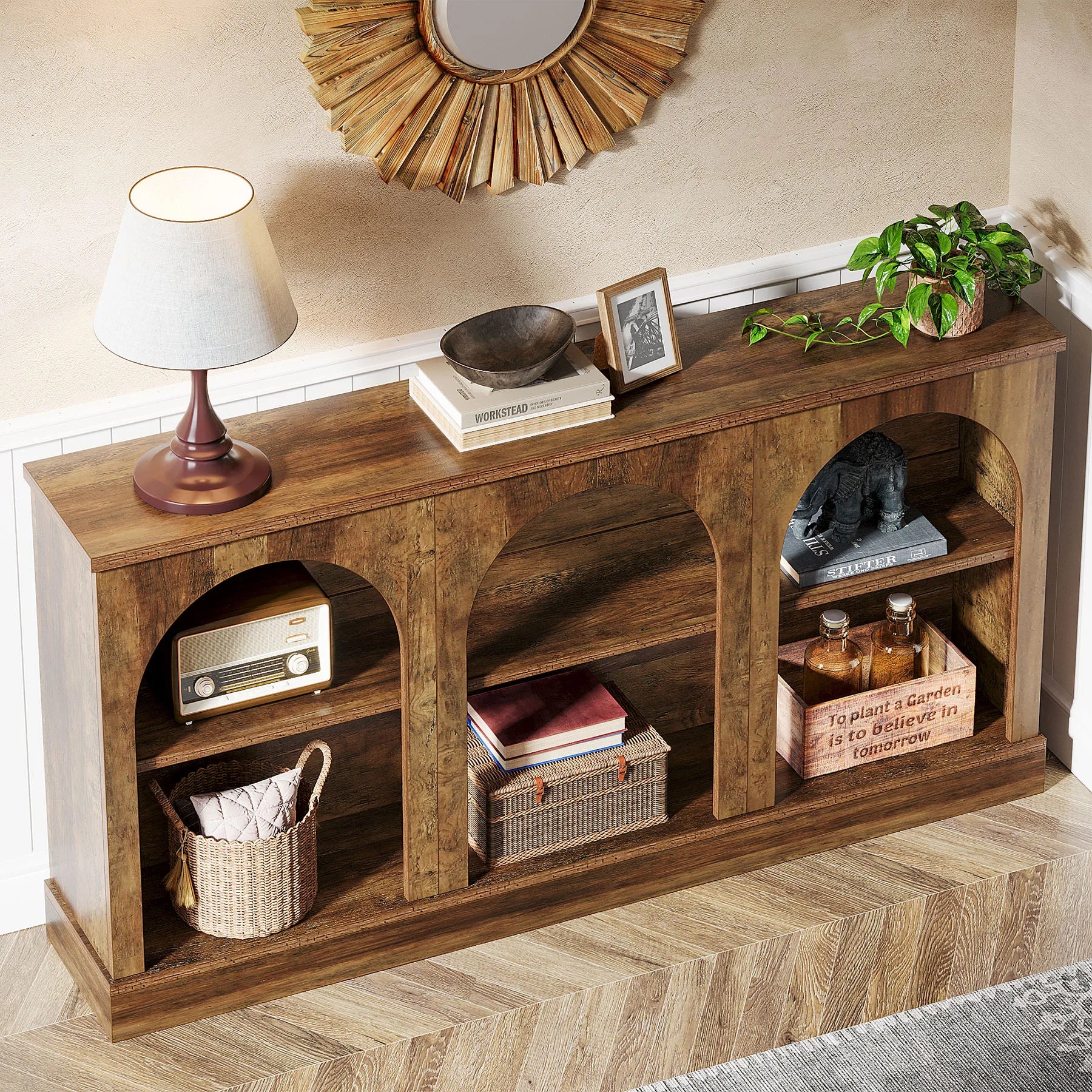 Farmhouse Console Table, 63-Inch Long Entryway Table with 3 Tier Storage, Wooden Rectangular Sofa Table
