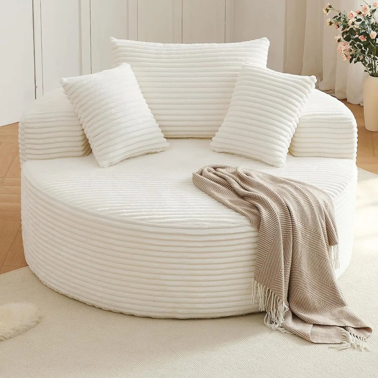 Oversized Round Chair Lounge Chaise, Upholstered Corduroy Deep Seat Cloud Large Circle Sofa Chair.