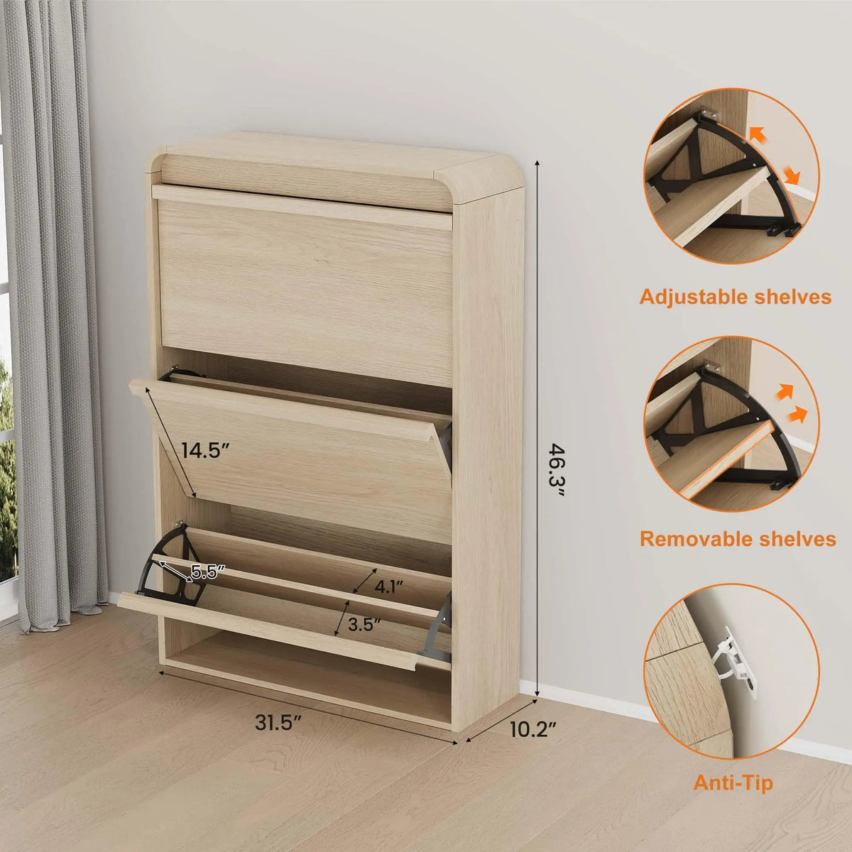 Shoe Cabinet with 3 Flip Drawers, Wooden Shoe Cabinet with Adjustable Shelf