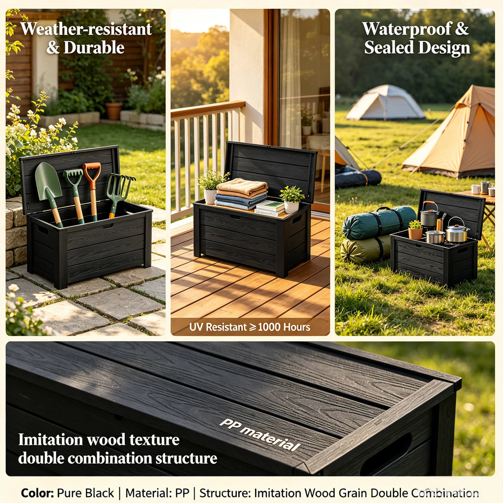 70 Gallon Outdoor Deck Storage Box, Waterproof Wood Grain Resin Patio Storage Bench